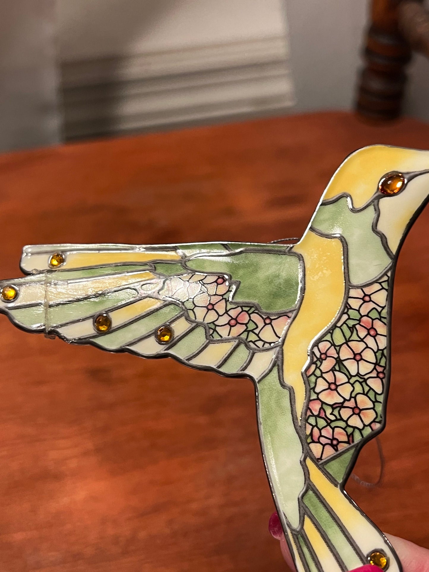 Vintage Yellow & Green Hummingbird Stained Glass Art Sun Catcher pink bird ornament Bradford Exchange Garden Jewels