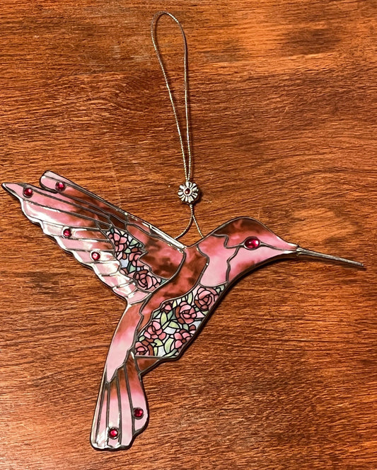 Vintage Red Pink Hummingbird Stained Glass Art Sun Catcher pink bird ornament Bradford Exchange Garden Jewels Ornament Bird