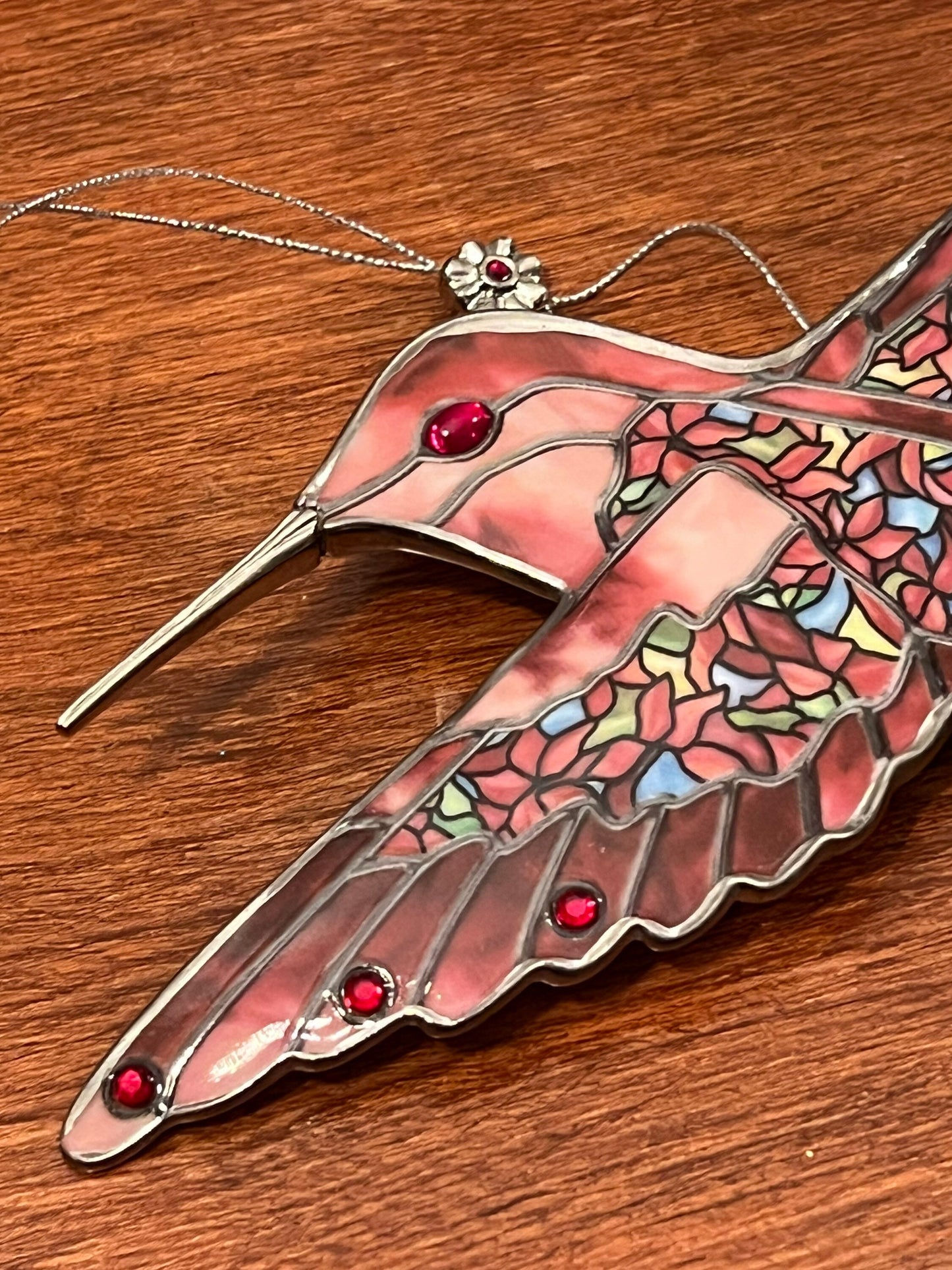 Vintage Red Pink Hummingbird Stained Glass Art Sun Catcher pink bird ornament Bradford Exchange Garden Jewels Ornament Bird
