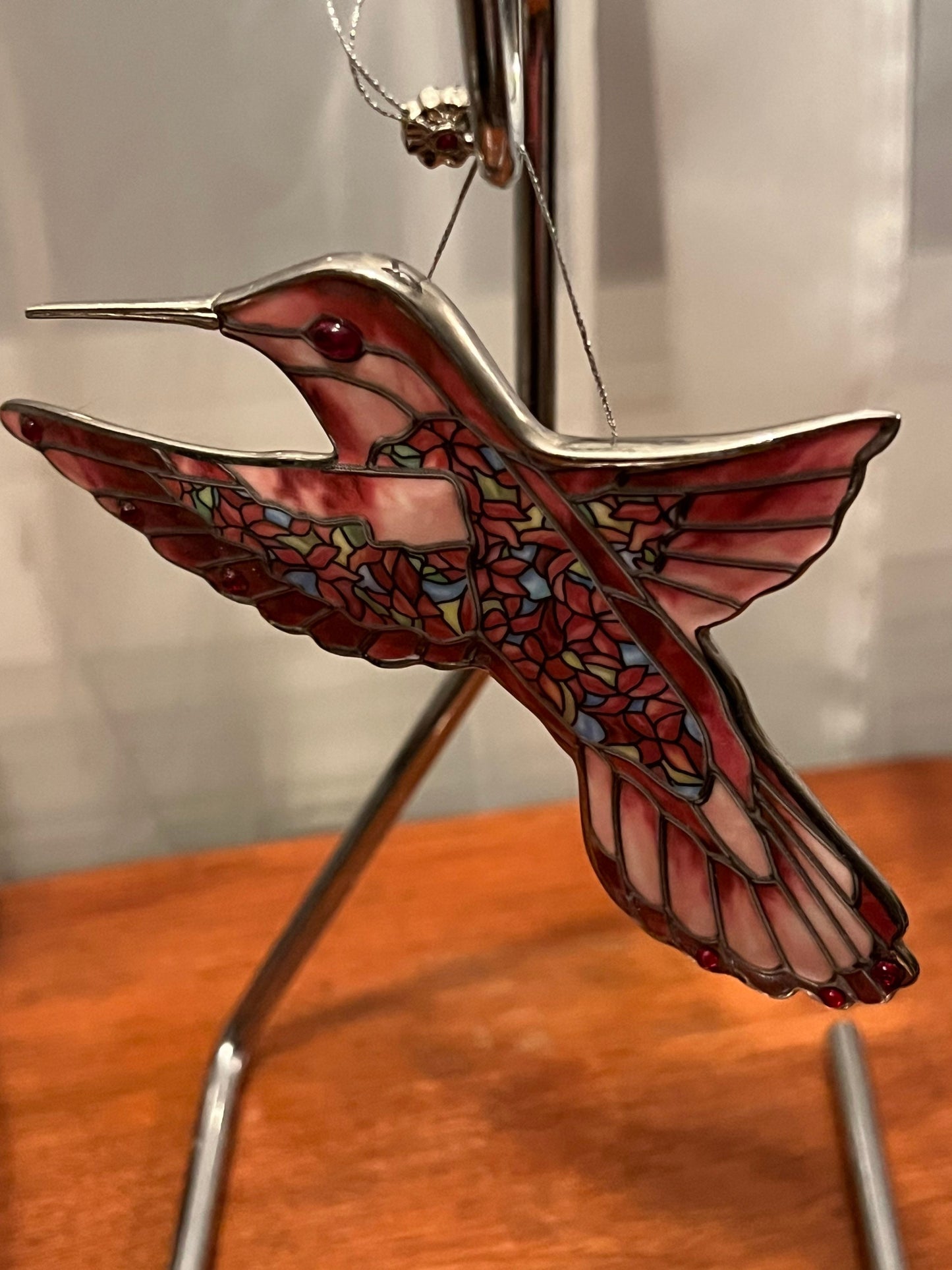 Vintage Red Pink Hummingbird Stained Glass Art Sun Catcher pink bird ornament Bradford Exchange Garden Jewels Ornament Bird