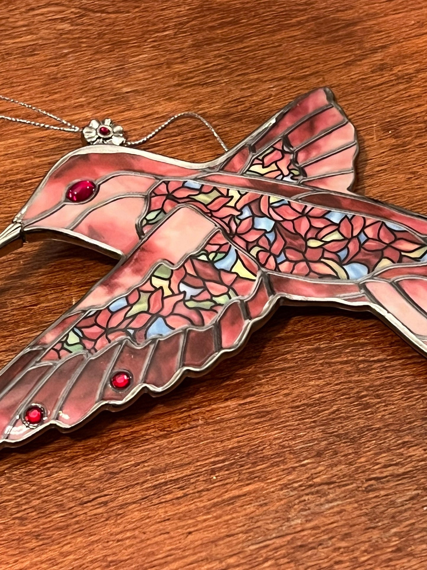 Vintage Red Pink Hummingbird Stained Glass Art Sun Catcher pink bird ornament Bradford Exchange Garden Jewels Ornament Bird