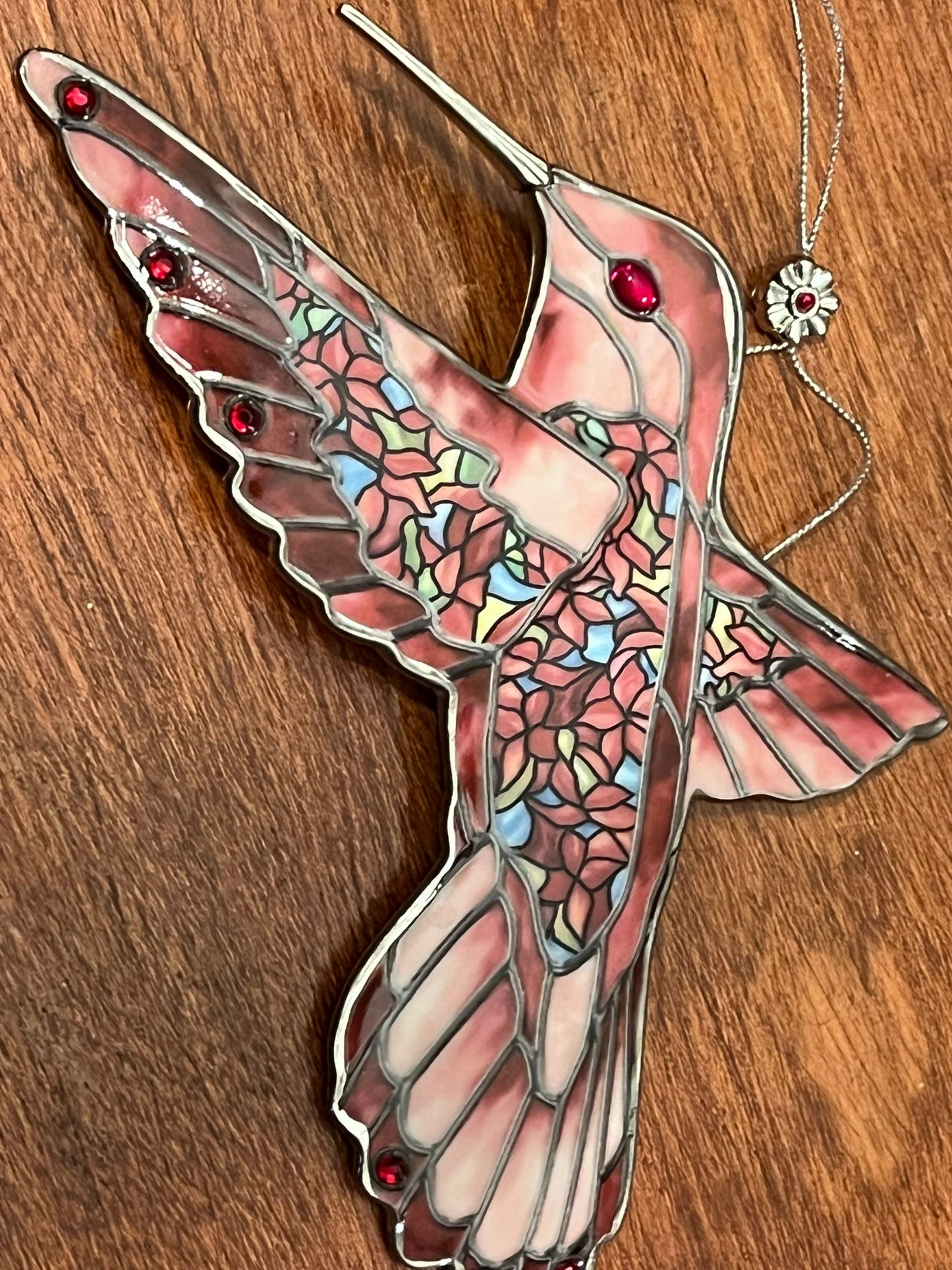Vintage Red Pink Hummingbird Stained Glass Art Sun Catcher pink bird ornament Bradford Exchange Garden Jewels Ornament Bird