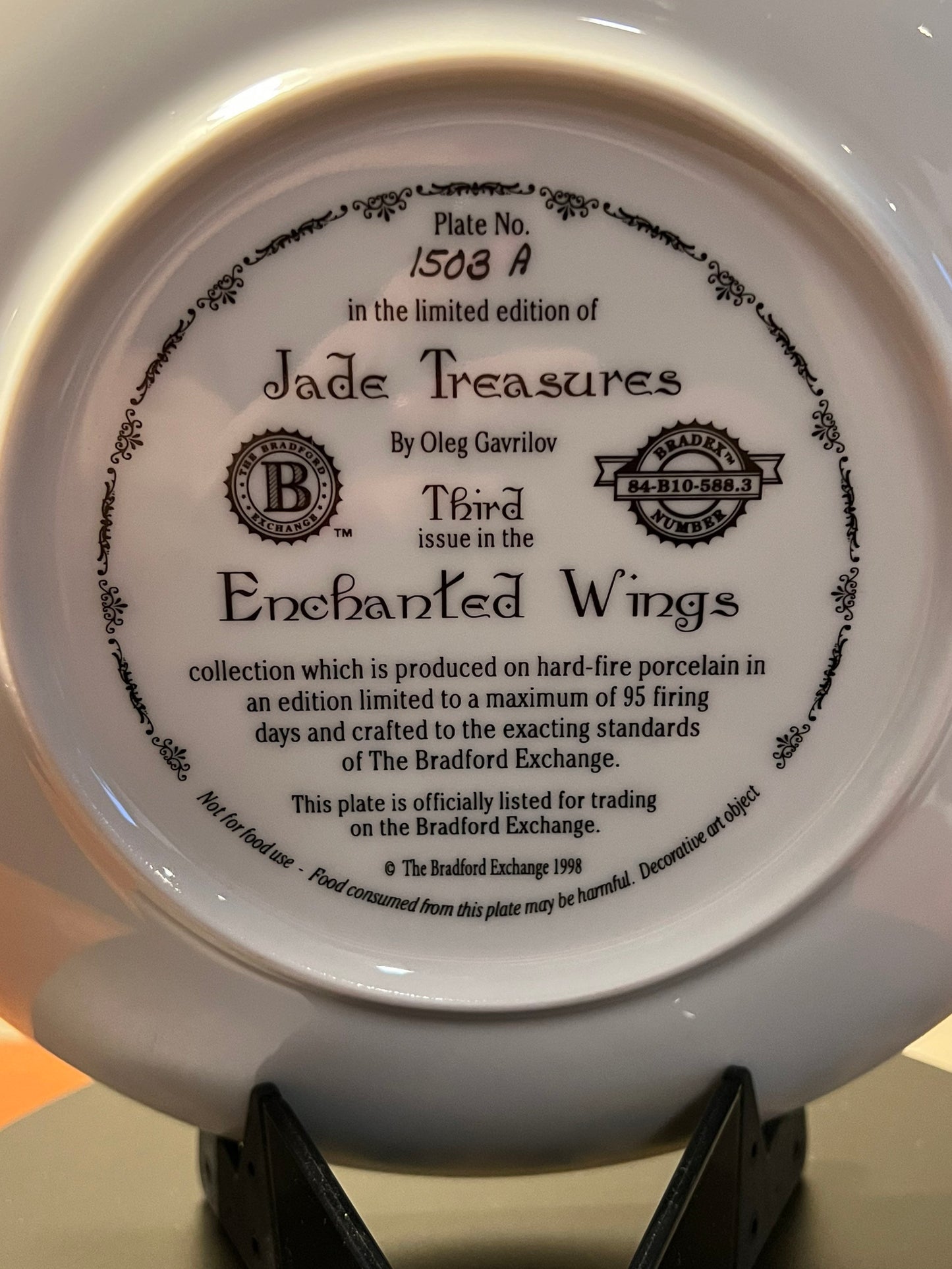 Vintage Jade Treasures Enchanted Wings limited edition by Oleg Gavrilov Bradford Exchange Plate No. 1508 A Plate Wall Hanging peacock