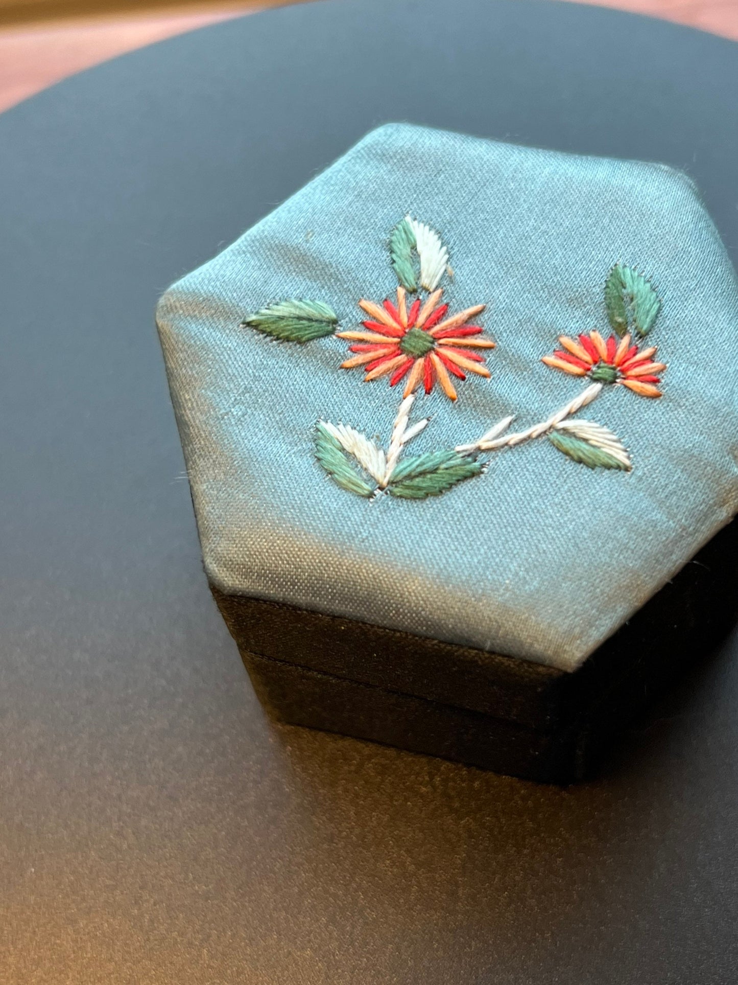 Vintage Flower Embossed Pentagon Ring Jewelry Box with embroidered lid gift boxes
