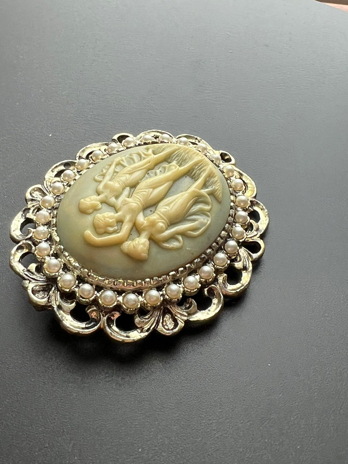 Vintage Three Graces Cameo Pin Brooch Pendant with Faux Pearl Seeds Victorian Style Cameos Jewelry Lover Antiques and Vintage