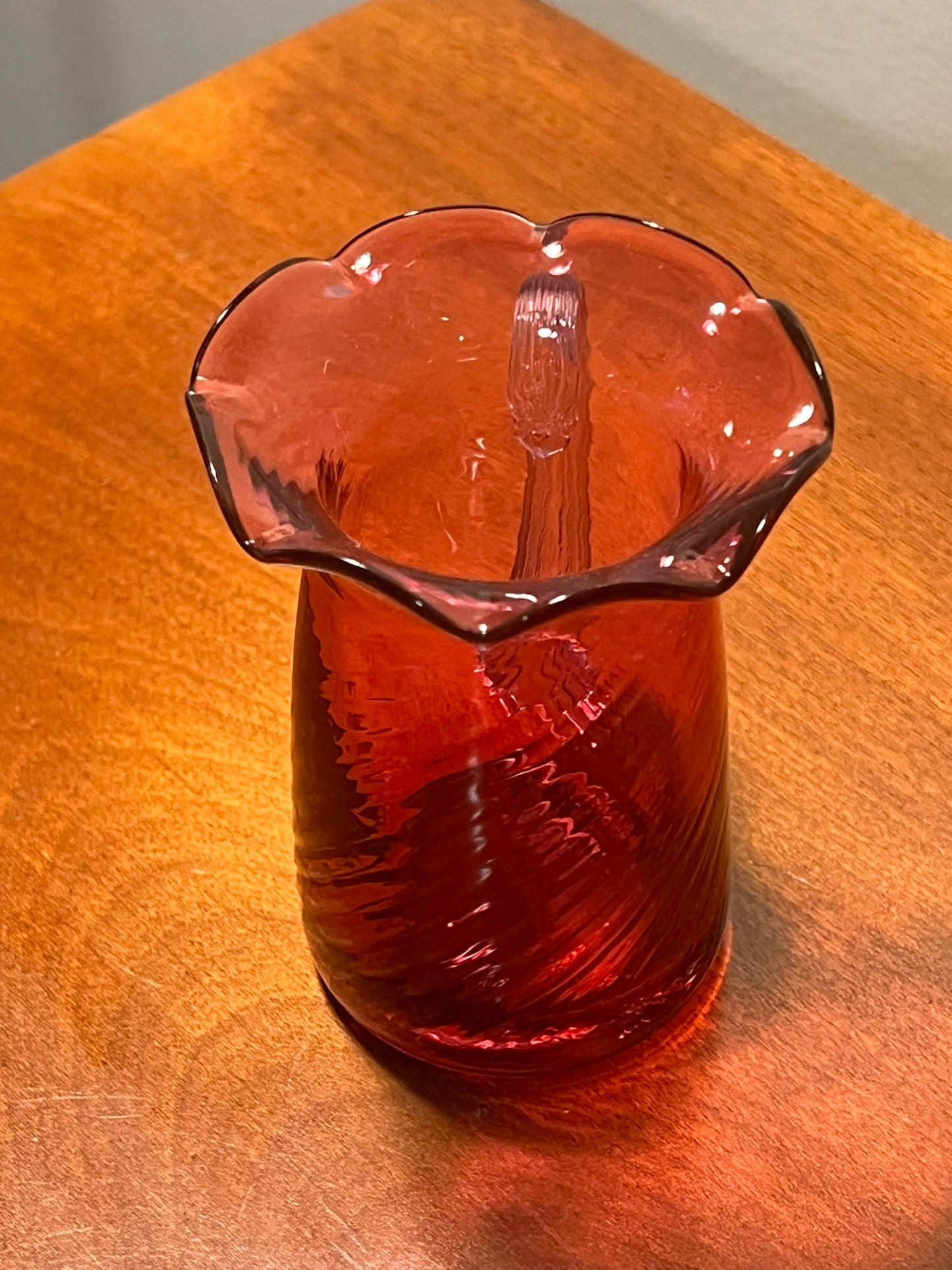 Vintage Fenton Cranberry Pitcher with Ruffled Rim handle Hand Blown with Gold Pink Art Glass Great Gift!