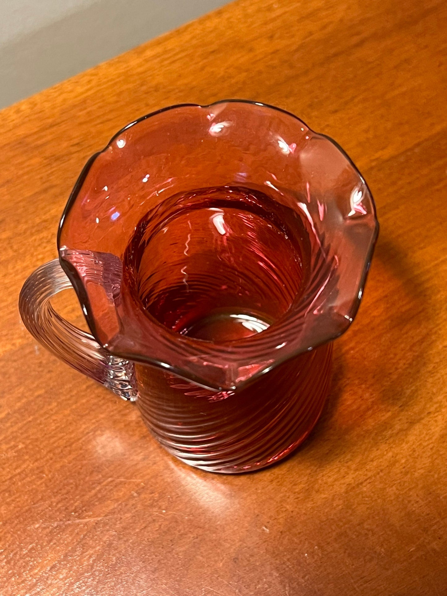 Vintage Fenton Cranberry Pitcher with Ruffled Rim handle Hand Blown with Gold Pink Art Glass Great Gift!