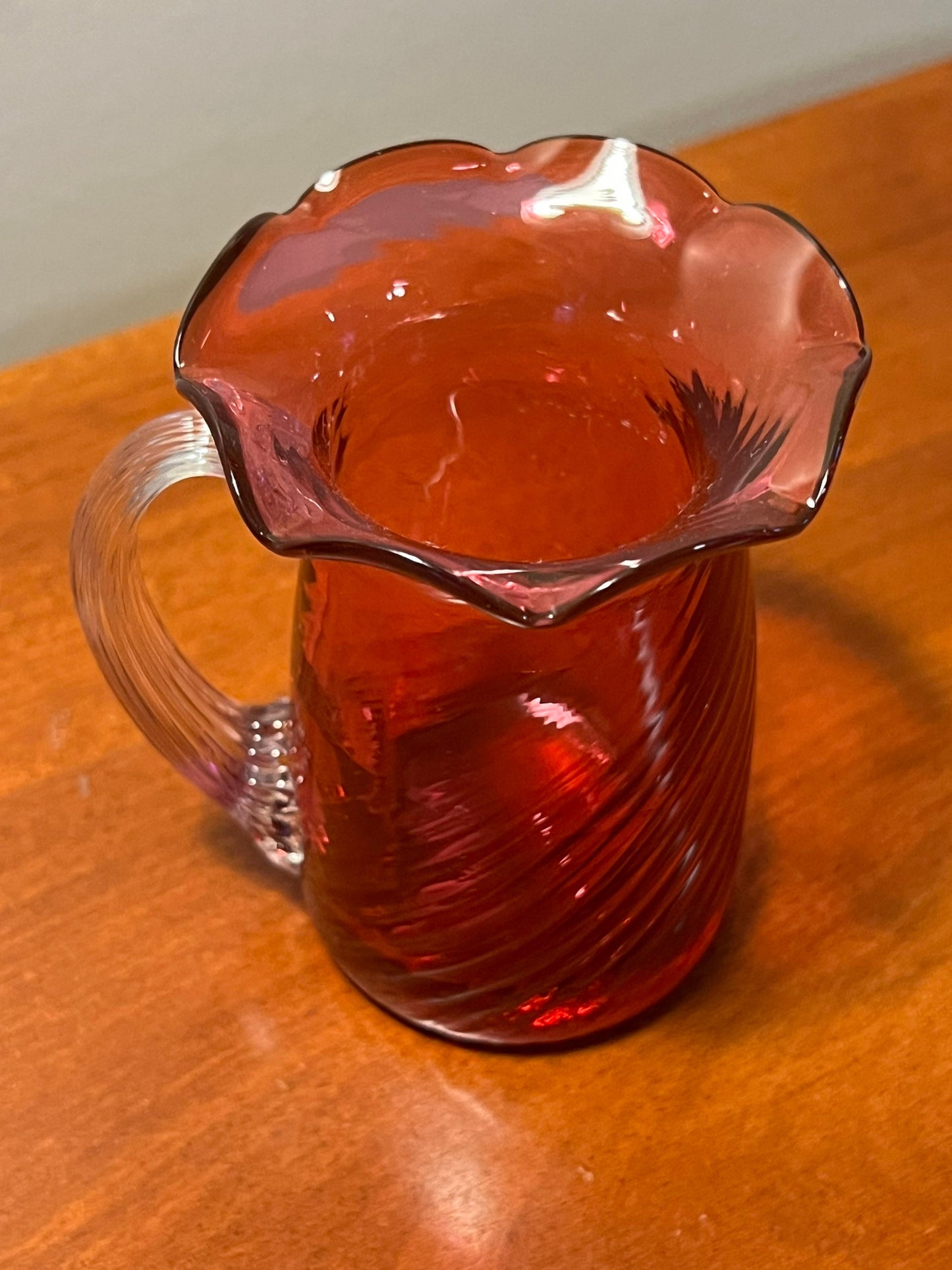 Vintage Fenton Cranberry Pitcher with Ruffled Rim handle Hand Blown with Gold Pink Art Glass Great Gift!