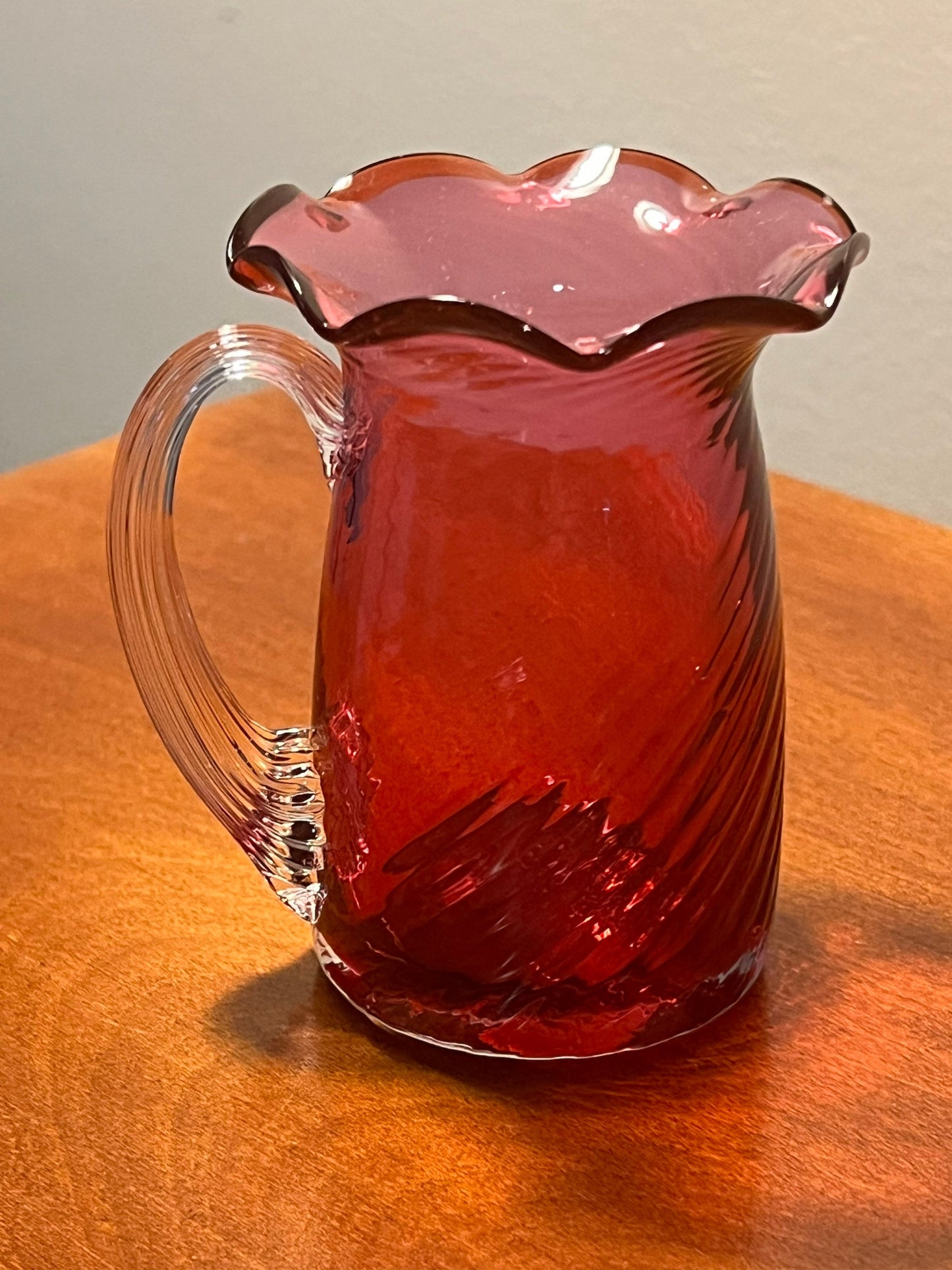Vintage Fenton Cranberry Pitcher with Ruffled Rim handle Hand Blown with Gold Pink Art Glass Great Gift!