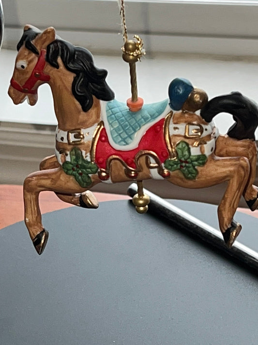 Vintage Porcelain Carousel Brown with Red Seat Jewels Horse Ornament Christmas Gift Holiday Ornaments Lover Antiques and Vintage