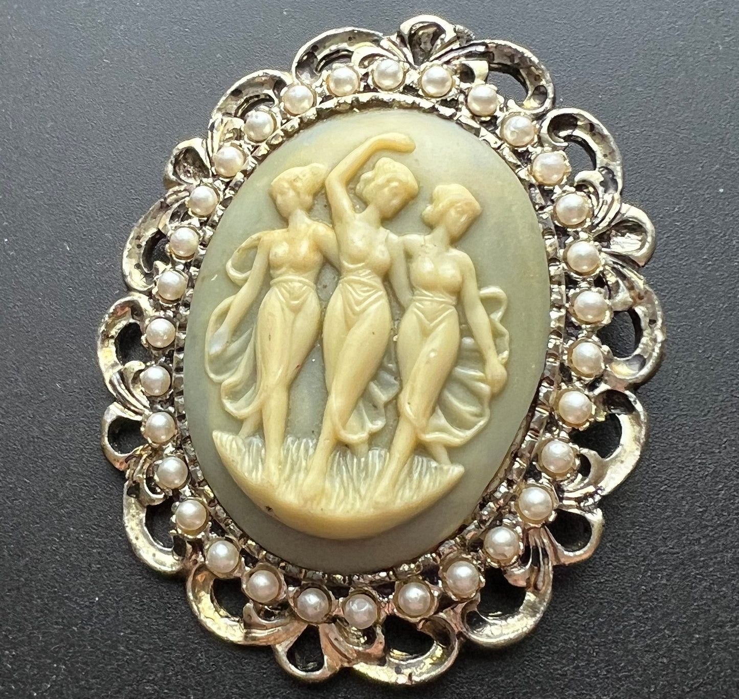 Vintage Three Graces Cameo Pin Brooch Pendant with Faux Pearl Seeds Victorian Style Cameos Jewelry Lover Antiques and Vintage