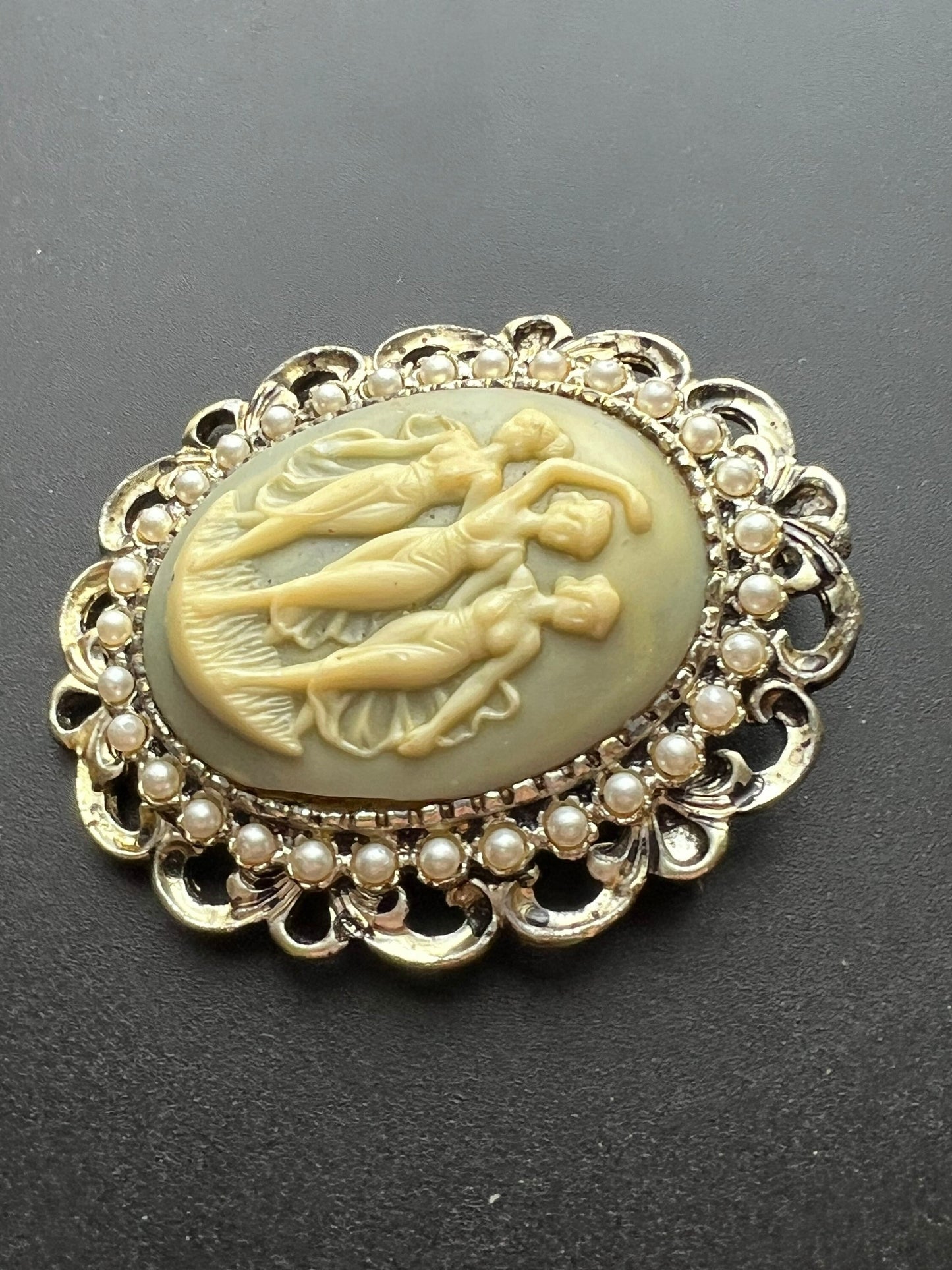 Vintage Three Graces Cameo Pin Brooch Pendant with Faux Pearl Seeds Victorian Style Cameos Jewelry Lover Antiques and Vintage