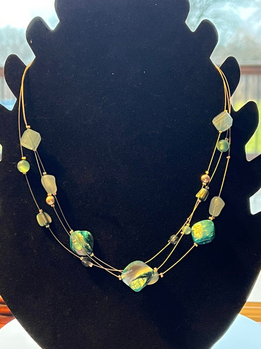 Vintage Sea Blue Stone Necklace Layered Jewelry Multiple Stones