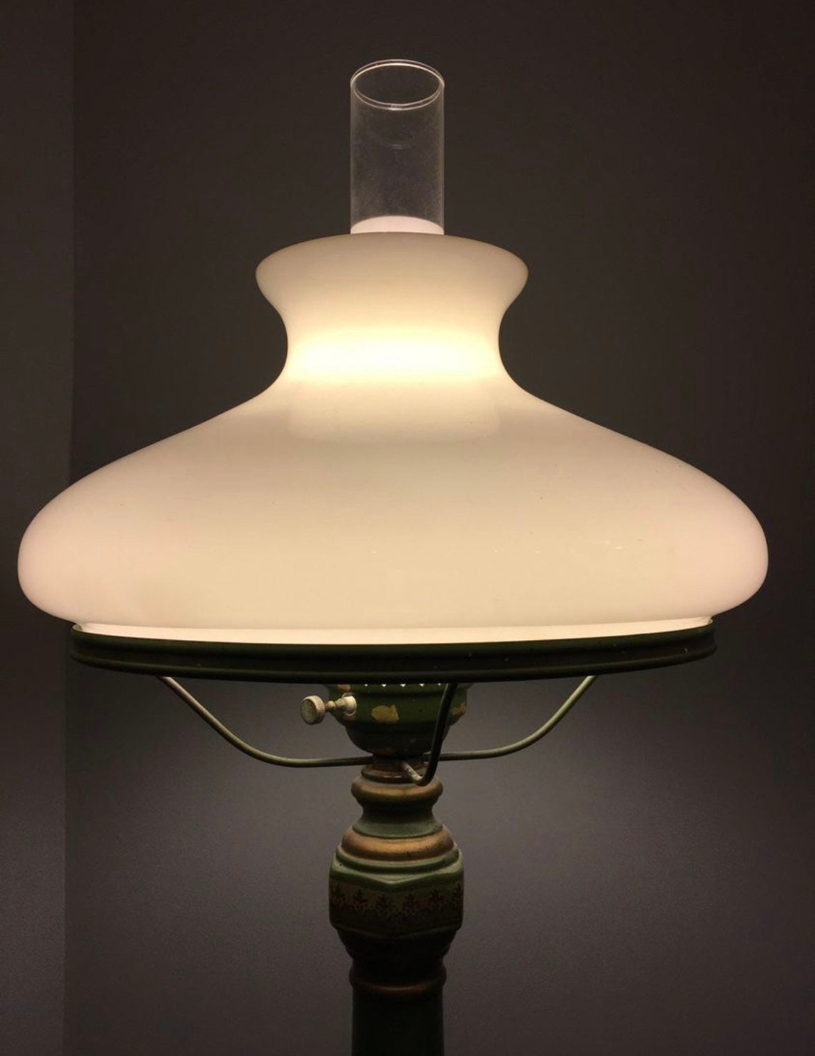 Vintage Green Library Lamp with Hurricane Globe & Milk Glass Mid Century Modern Table Lamp