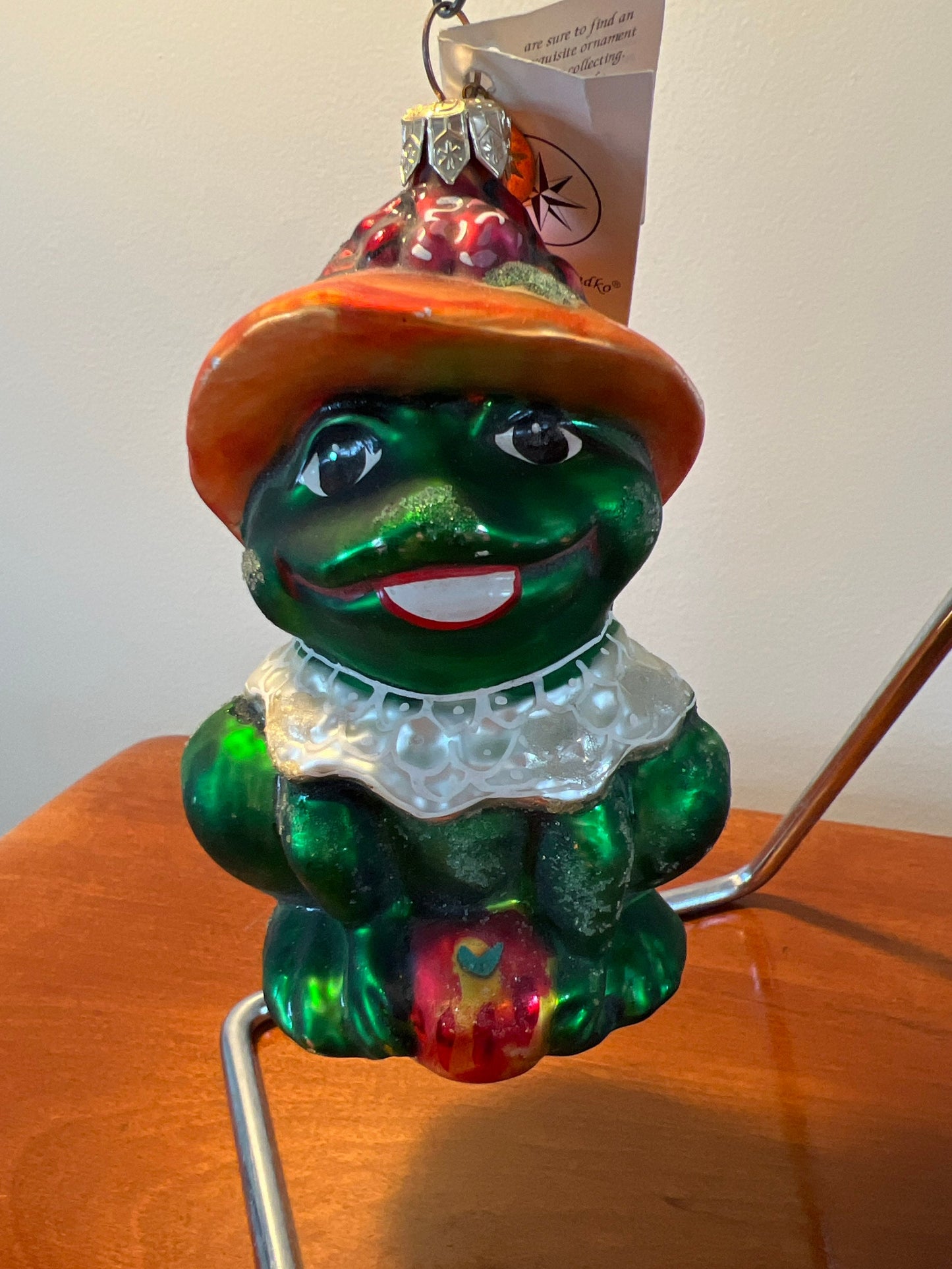 Vintage Radko Lillie Mae Frog with Flower Hat Large Glass Spring Easter Ornament Ribbit Frogs Old Ornaments