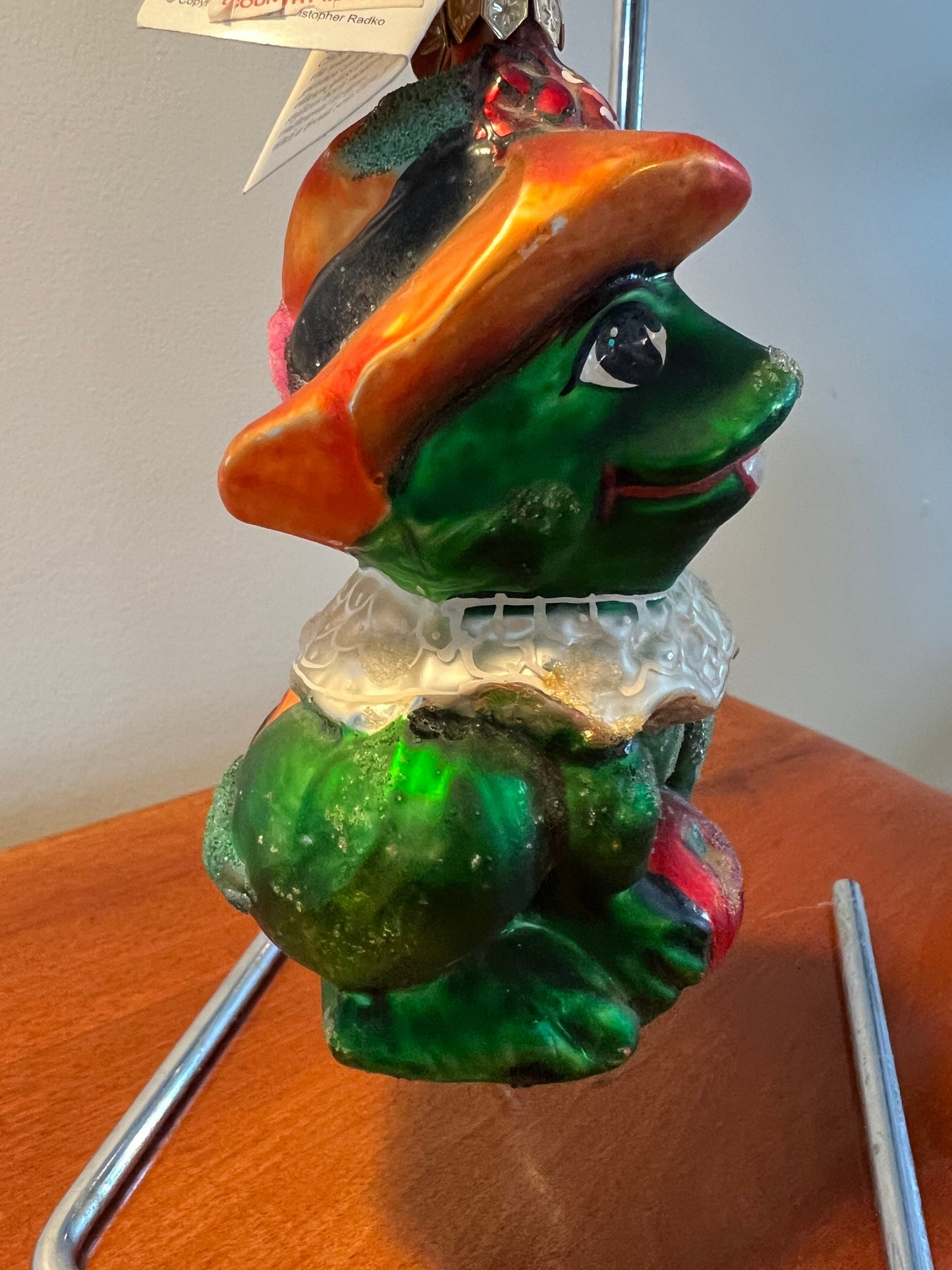 Vintage Radko Lillie Mae Frog with Flower Hat Large Glass Spring Easter Ornament Ribbit Frogs Old Ornaments