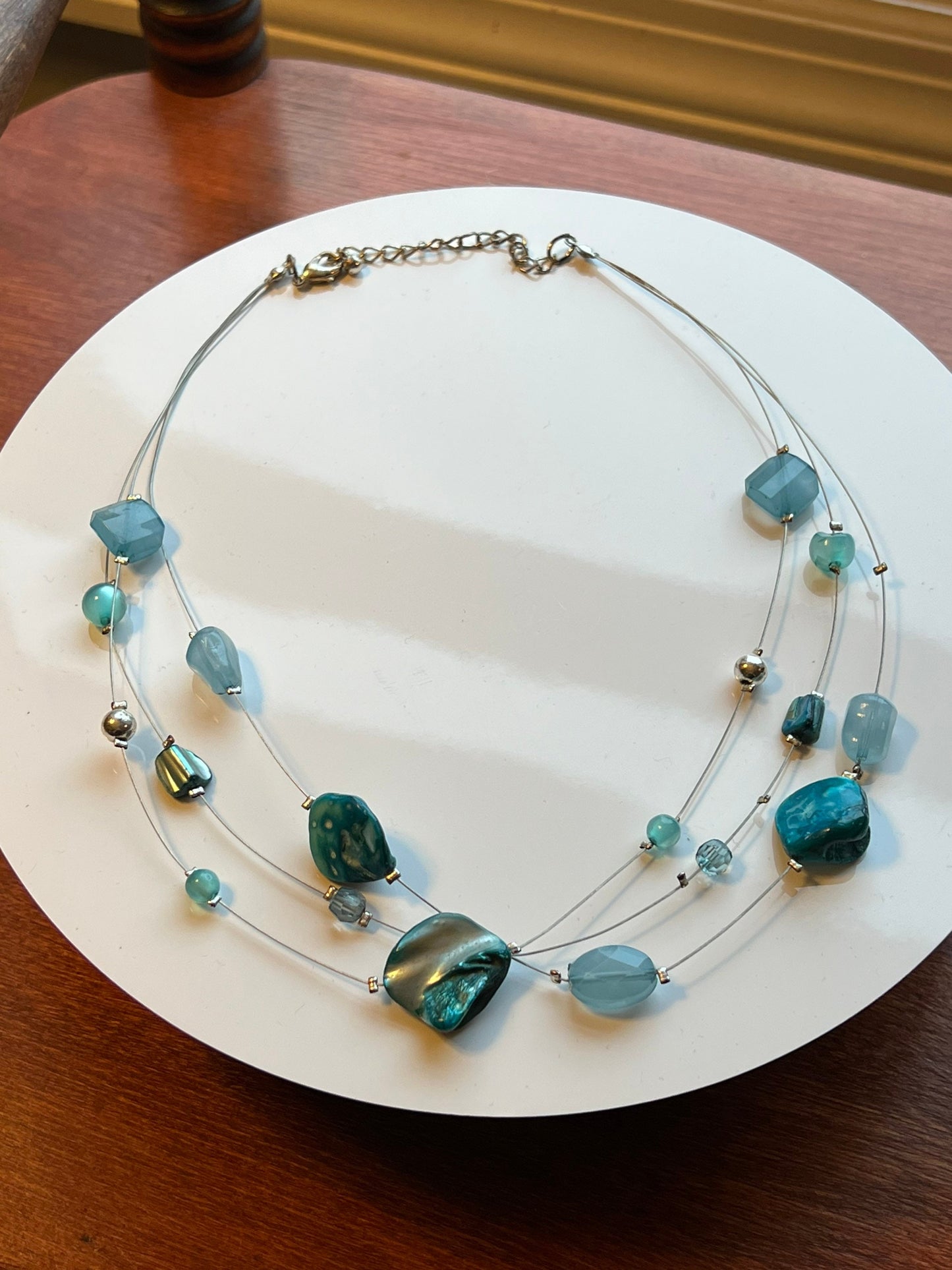 Vintage Sea Blue Stone Necklace Layered Jewelry Multiple Stones