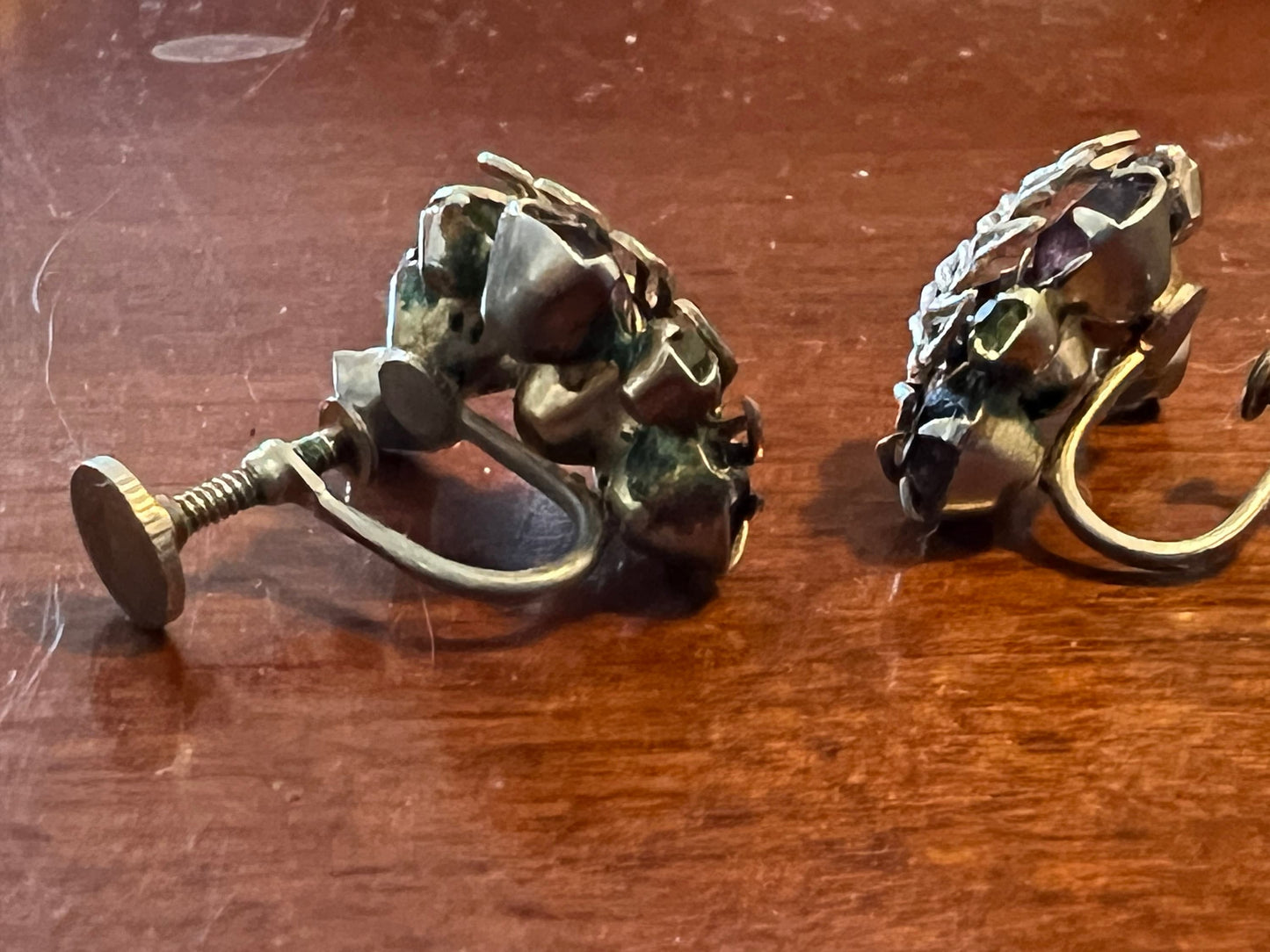 Vintage Silver Leaf with Stones Screw Back Earrings Purple Green Silver Stones