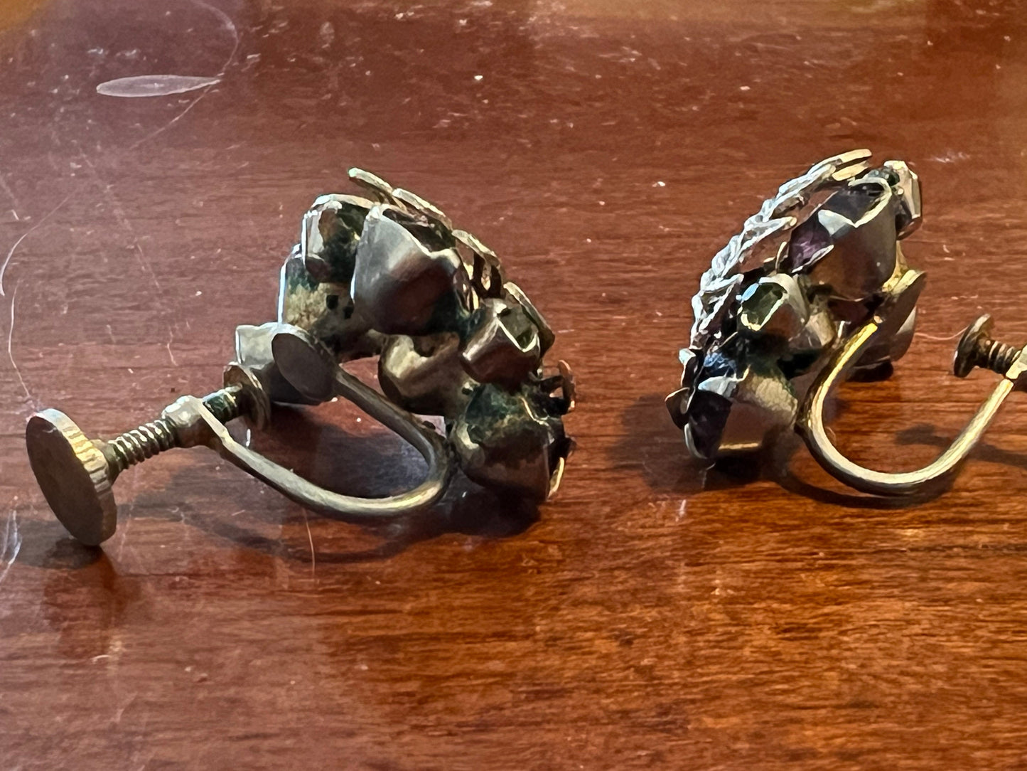 Vintage Silver Leaf with Stones Screw Back Earrings Purple Green Silver Stones