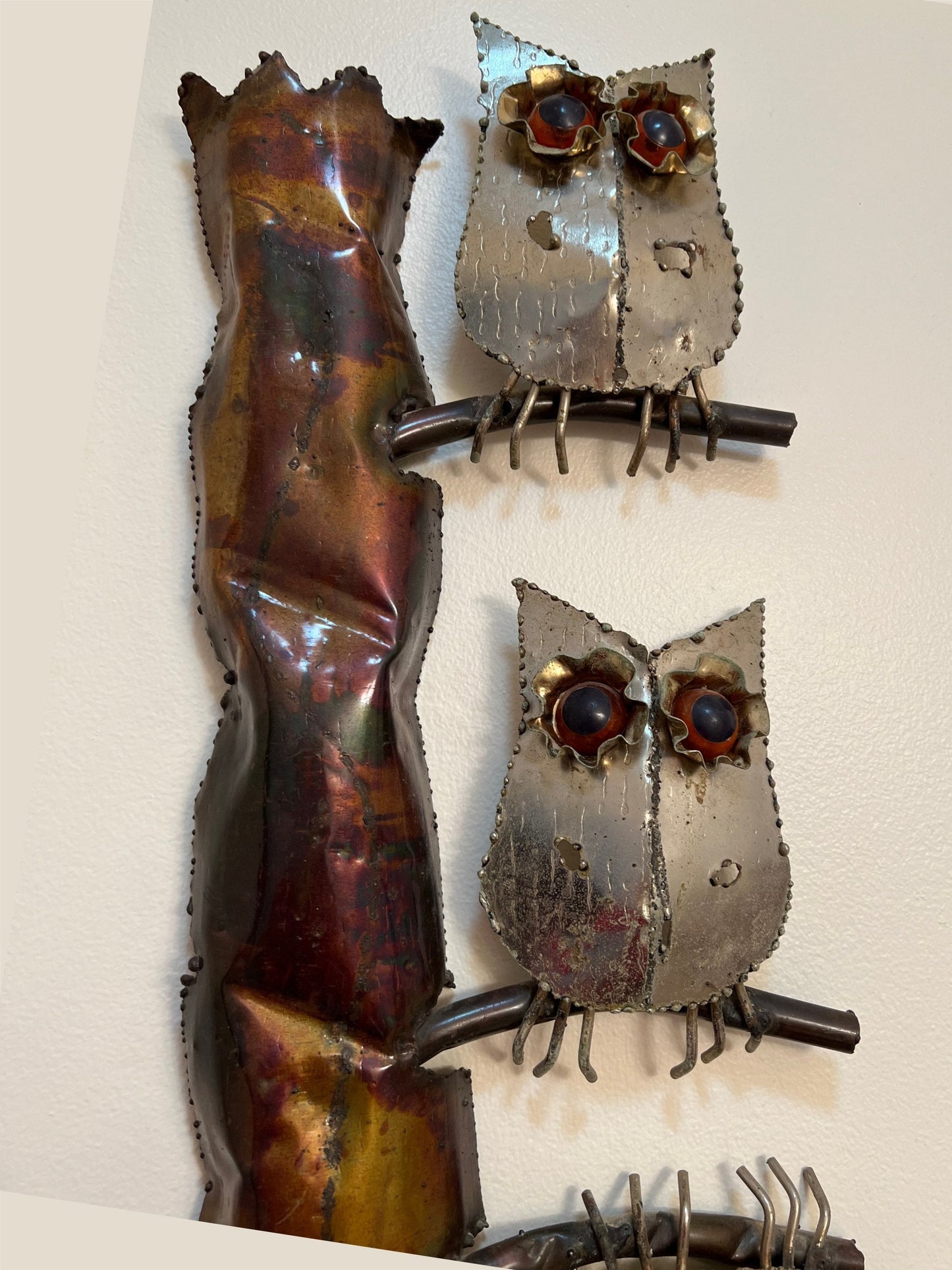 Vintage Owl Metal Wall Hanging Art Nobody’s Perfect marble eyes on owls Copper Wall Hanging Artwork Curtis Jere Style