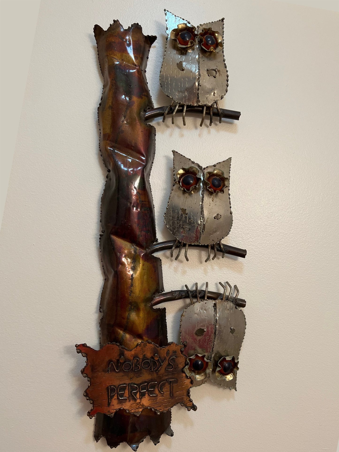 Vintage Owl Metal Wall Hanging Art Nobody’s Perfect marble eyes on owls Copper Wall Hanging Artwork Curtis Jere Style