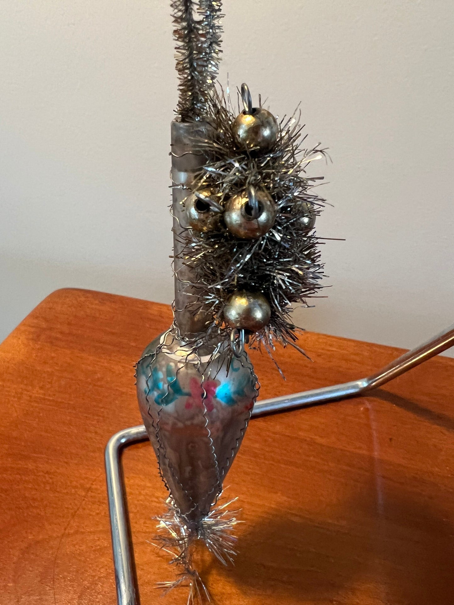 Antique Victorian Wire and Tinsel Wrapped Hand Painted Mercury Glass Ornament Old Ornaments