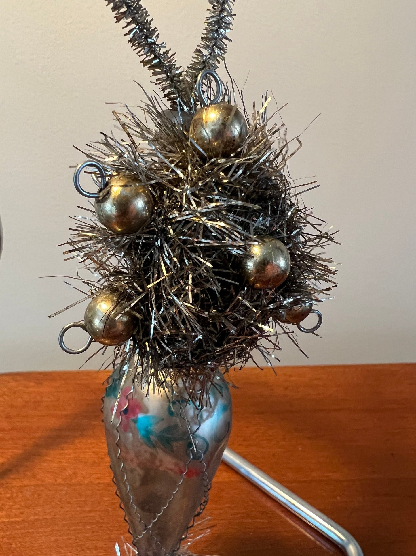 Antique Victorian Wire and Tinsel Wrapped Hand Painted Mercury Glass Ornament Old Ornaments