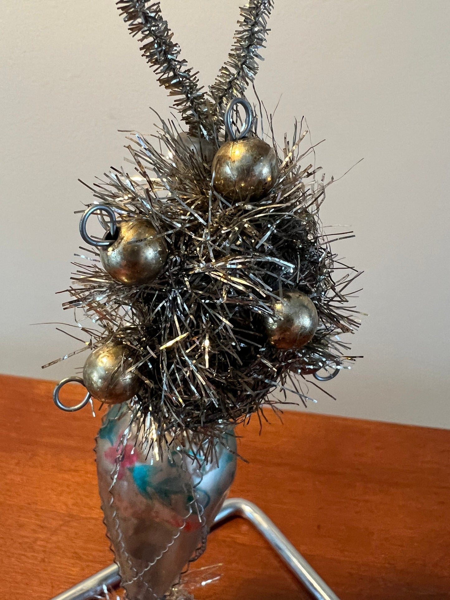 Antique Victorian Wire and Tinsel Wrapped Hand Painted Mercury Glass Ornament Old Ornaments