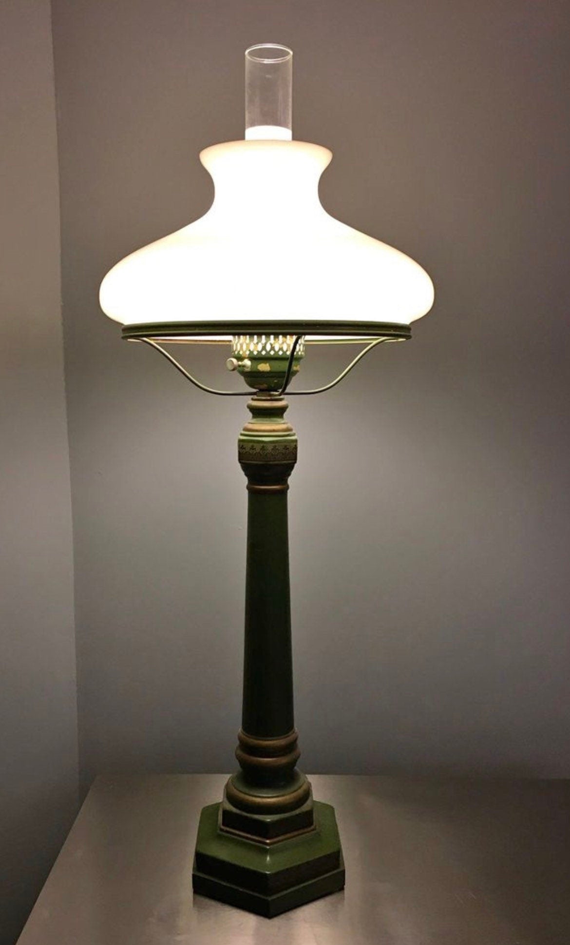 Vintage Green Library Lamp with Hurricane Globe & Milk Glass Mid Century Modern Table Lamp