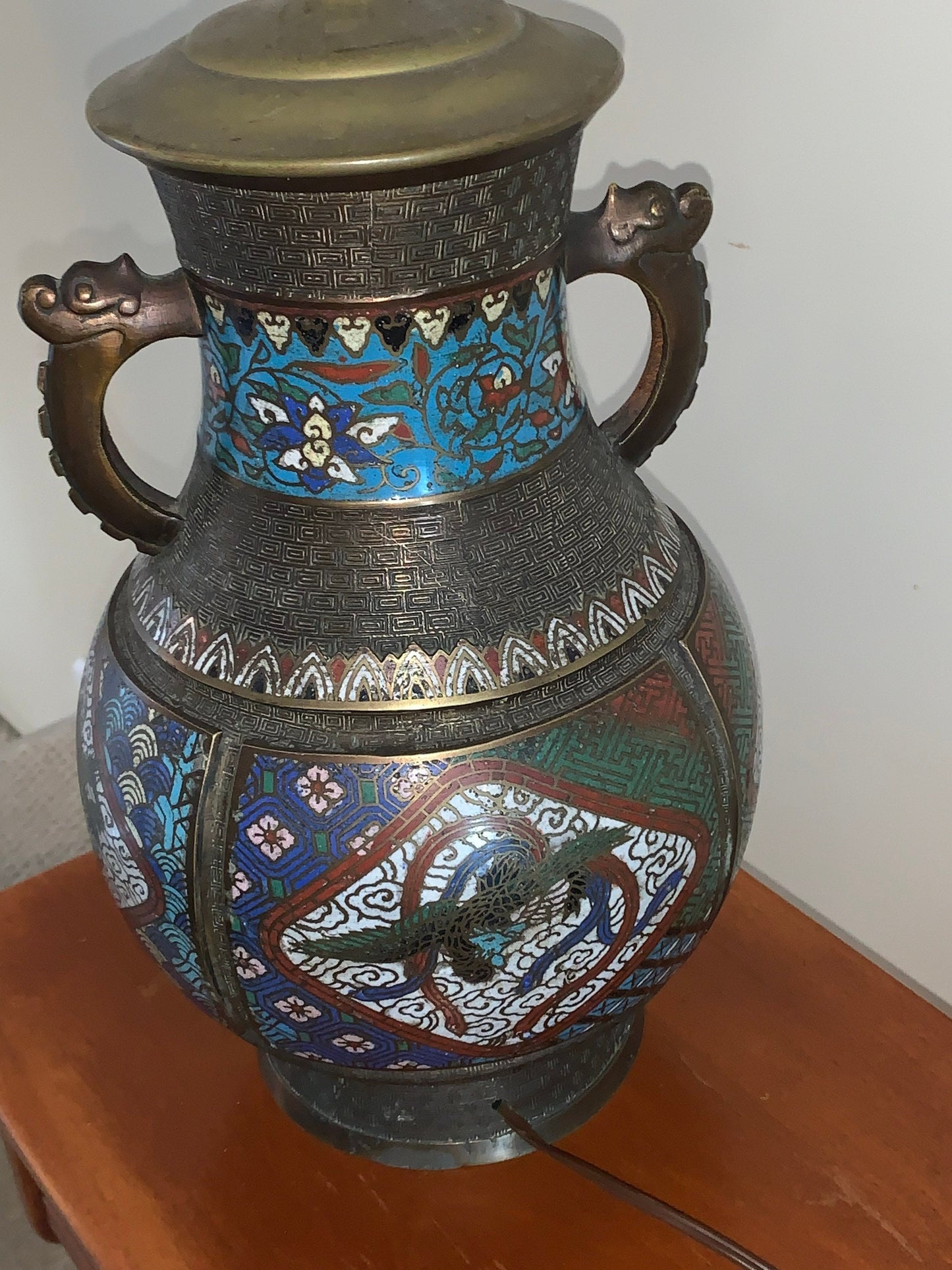 Antique Cloisonné Champlevé Bronze and Enamel Chinese Oriental Table Lamp