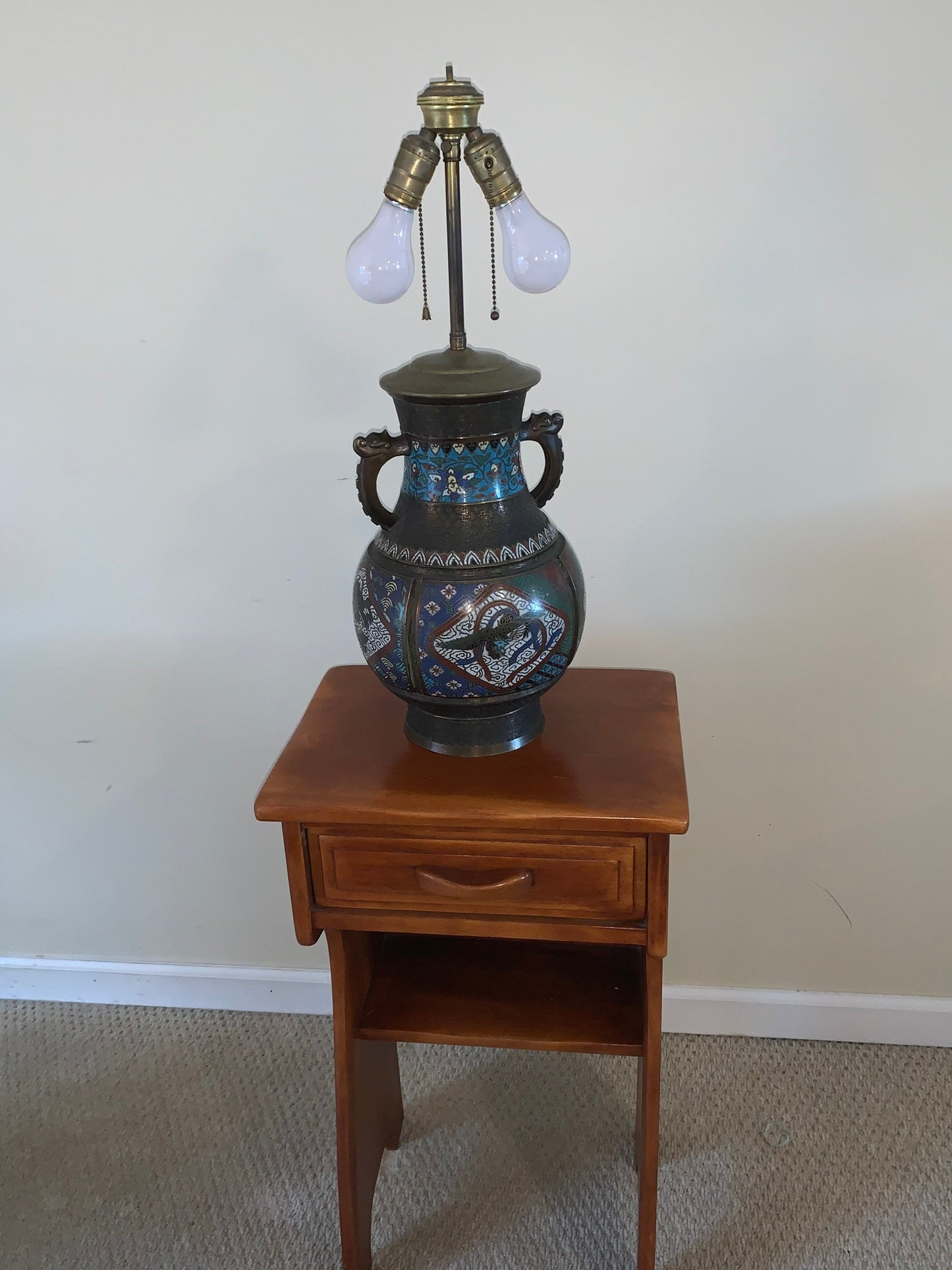Antique Cloisonné Champlevé Bronze and Enamel Chinese Oriental Table Lamp