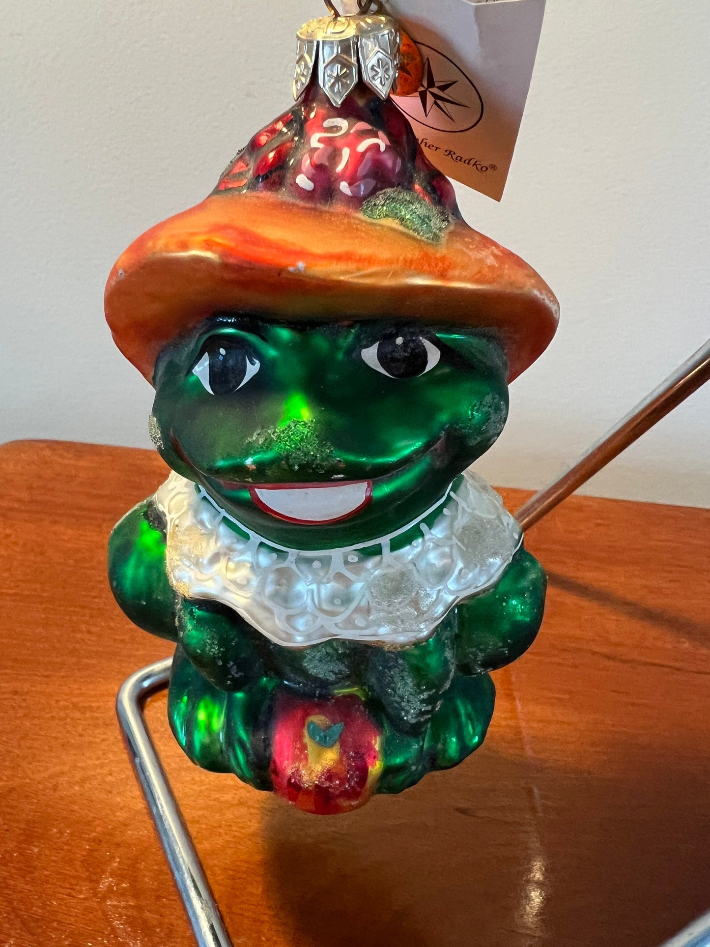 Vintage Radko Lillie Mae Frog with Flower Hat Large Glass Spring Easter Ornament Ribbit Frogs Old Ornaments