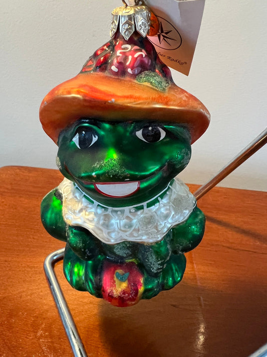 Vintage Radko Lillie Mae Frog with Flower Hat Large Glass Spring Easter Ornament Ribbit Frogs Old Ornaments