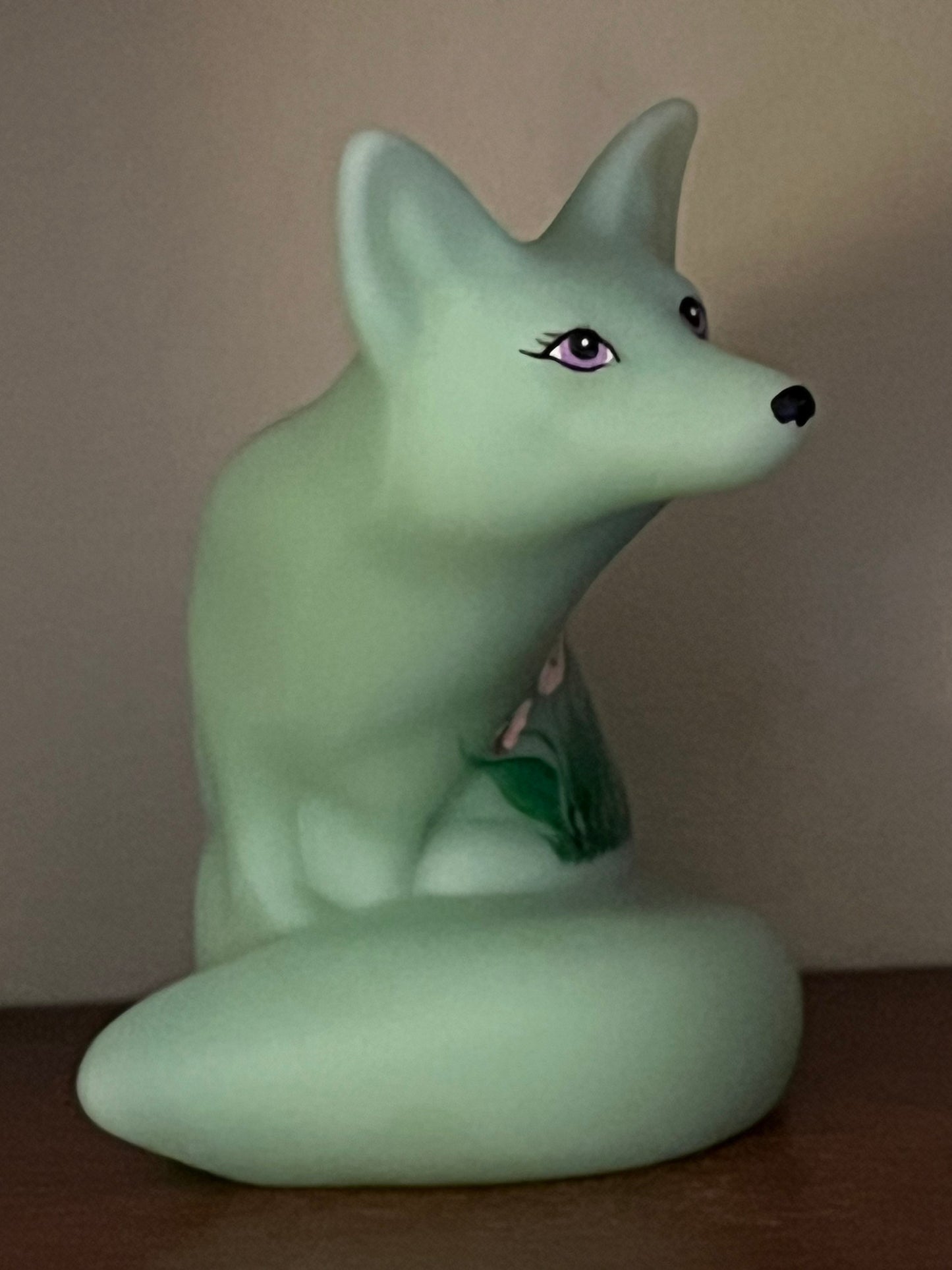 Fenton Green Hand Painted Fox Signed Lisa Van Es Art Glass, Painted Glass Fox Lover Antiques and Vintage