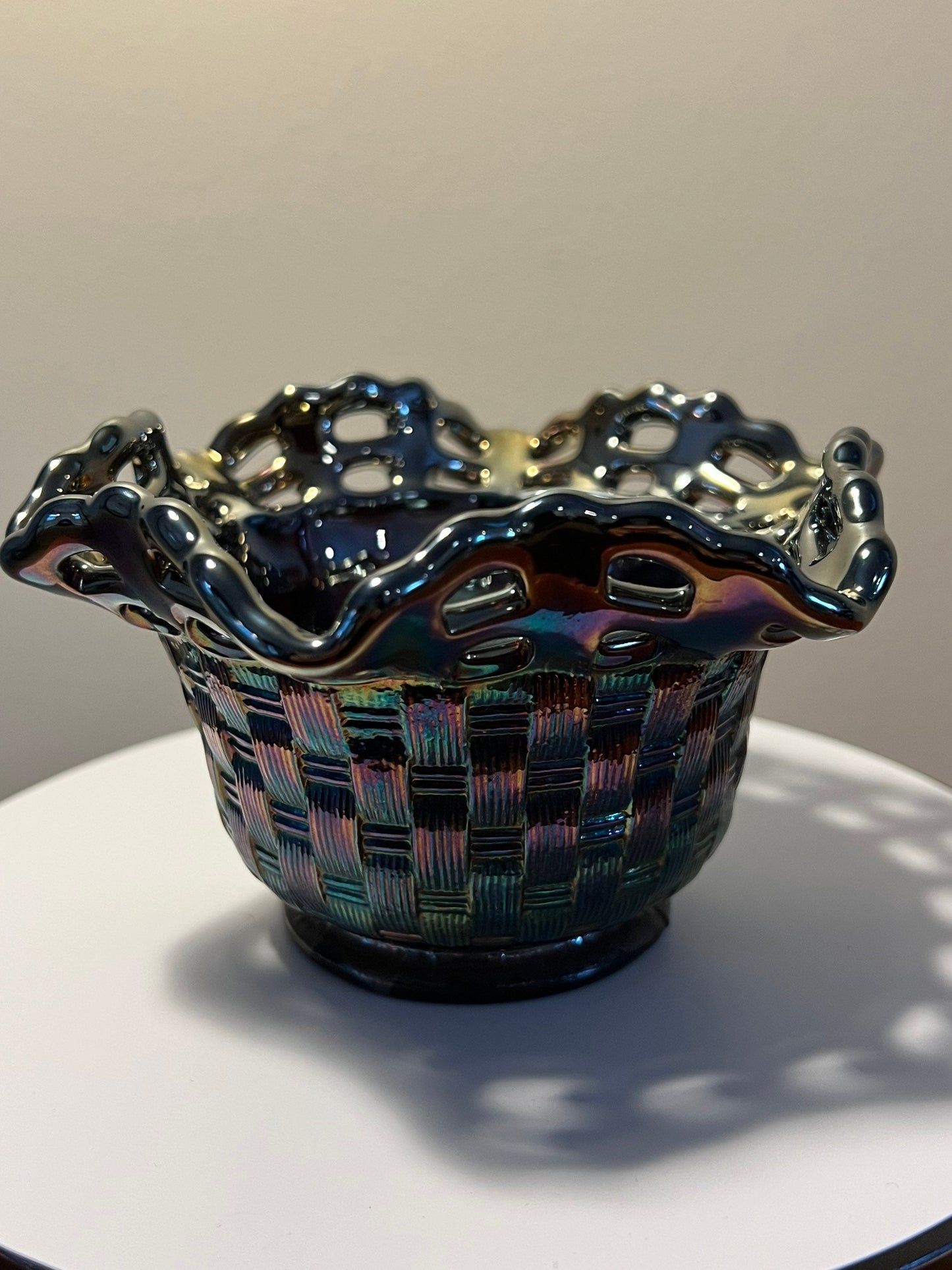 Vintage Fenton Iridescent Carnival Glass Wicker Woven Basket Bowl