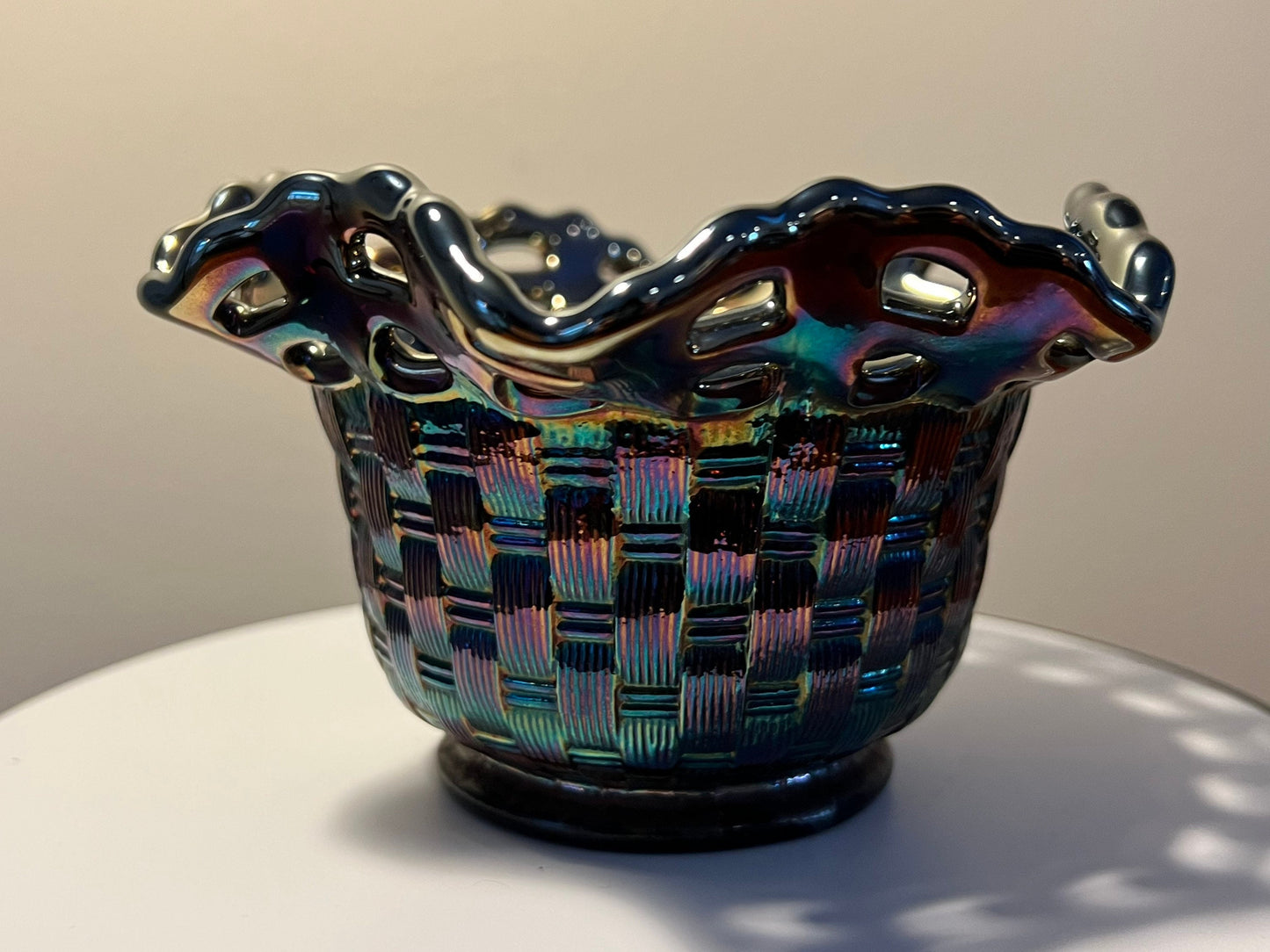 Vintage Fenton Iridescent Carnival Glass Wicker Woven Basket Bowl