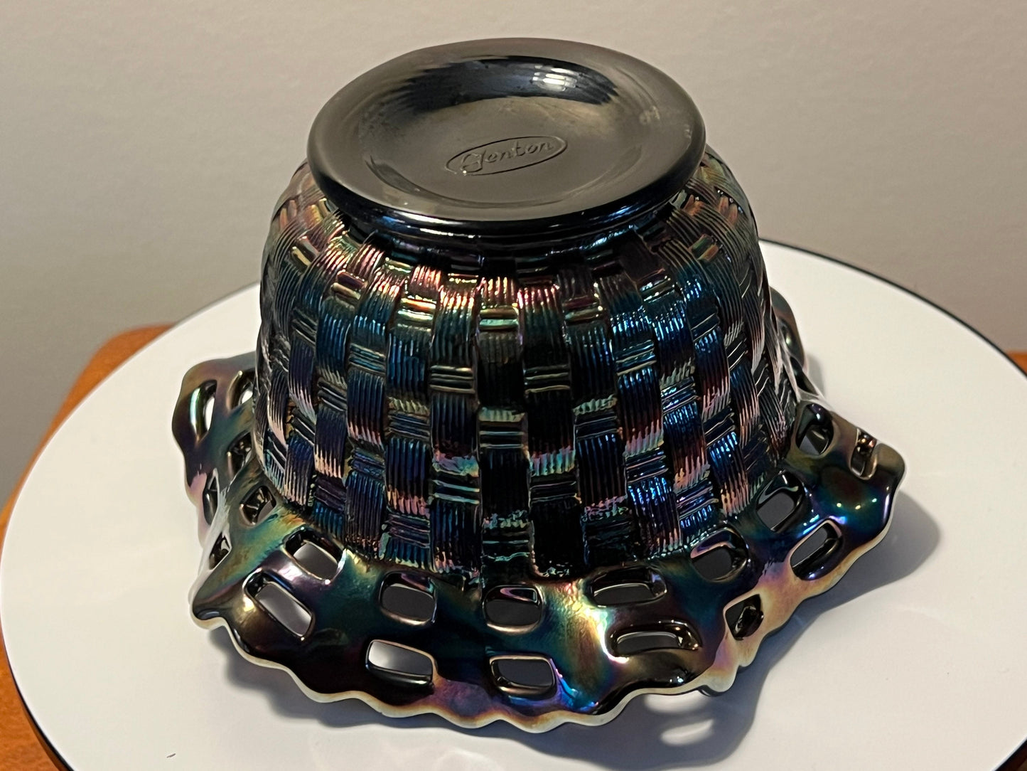 Vintage Fenton Iridescent Carnival Glass Wicker Woven Basket Bowl