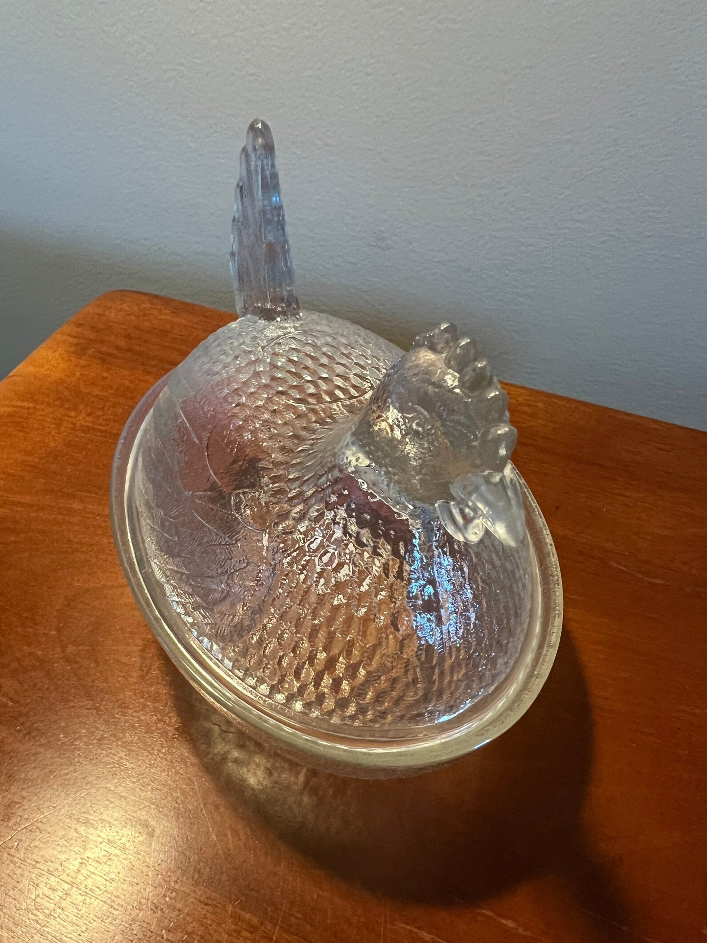 Vintage Glass Rooster On Nest Covered Dish Nesting Chicken Clear with lid art glass