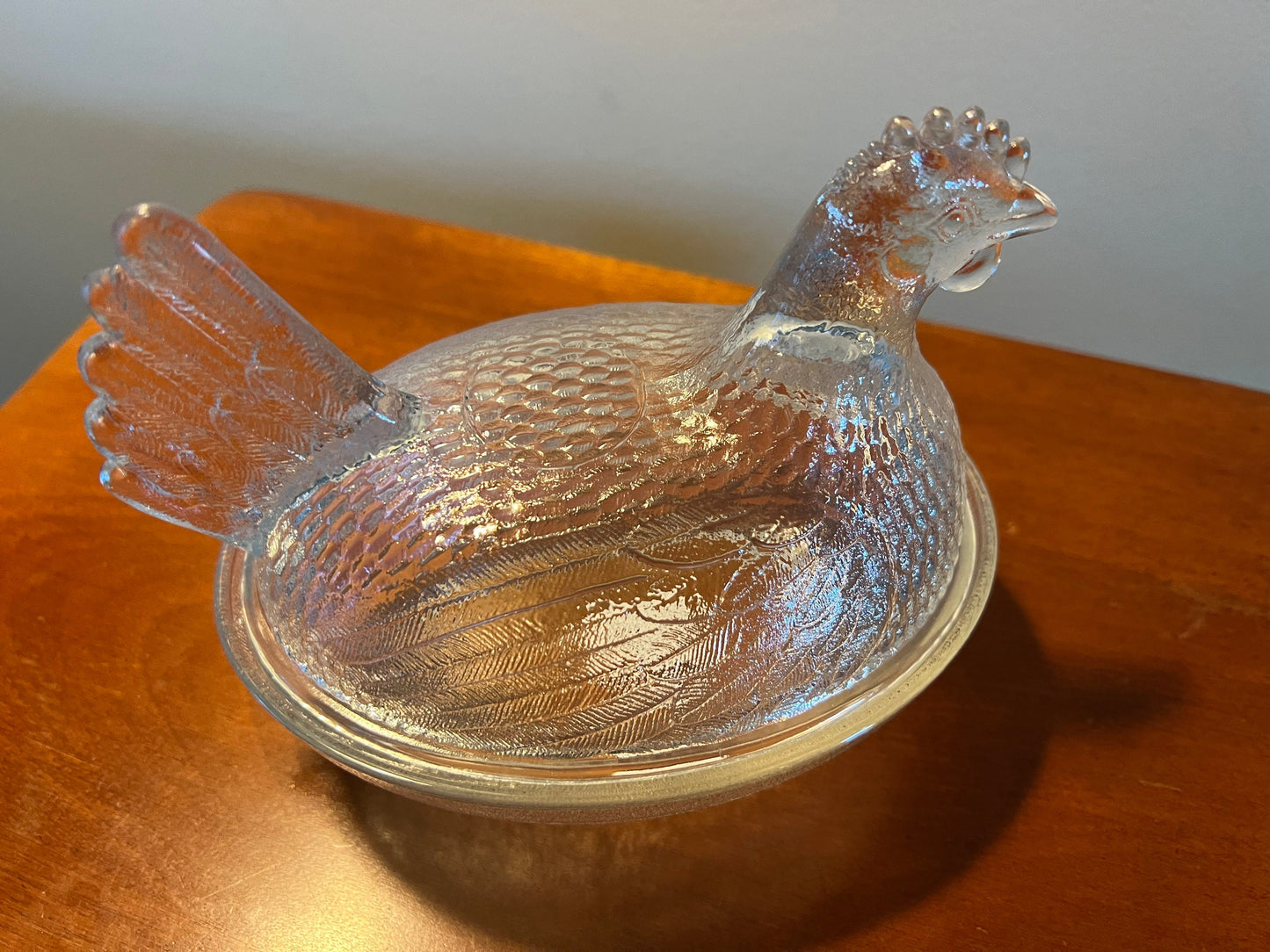 Vintage Glass Rooster On Nest Covered Dish Nesting Chicken Clear with lid art glass