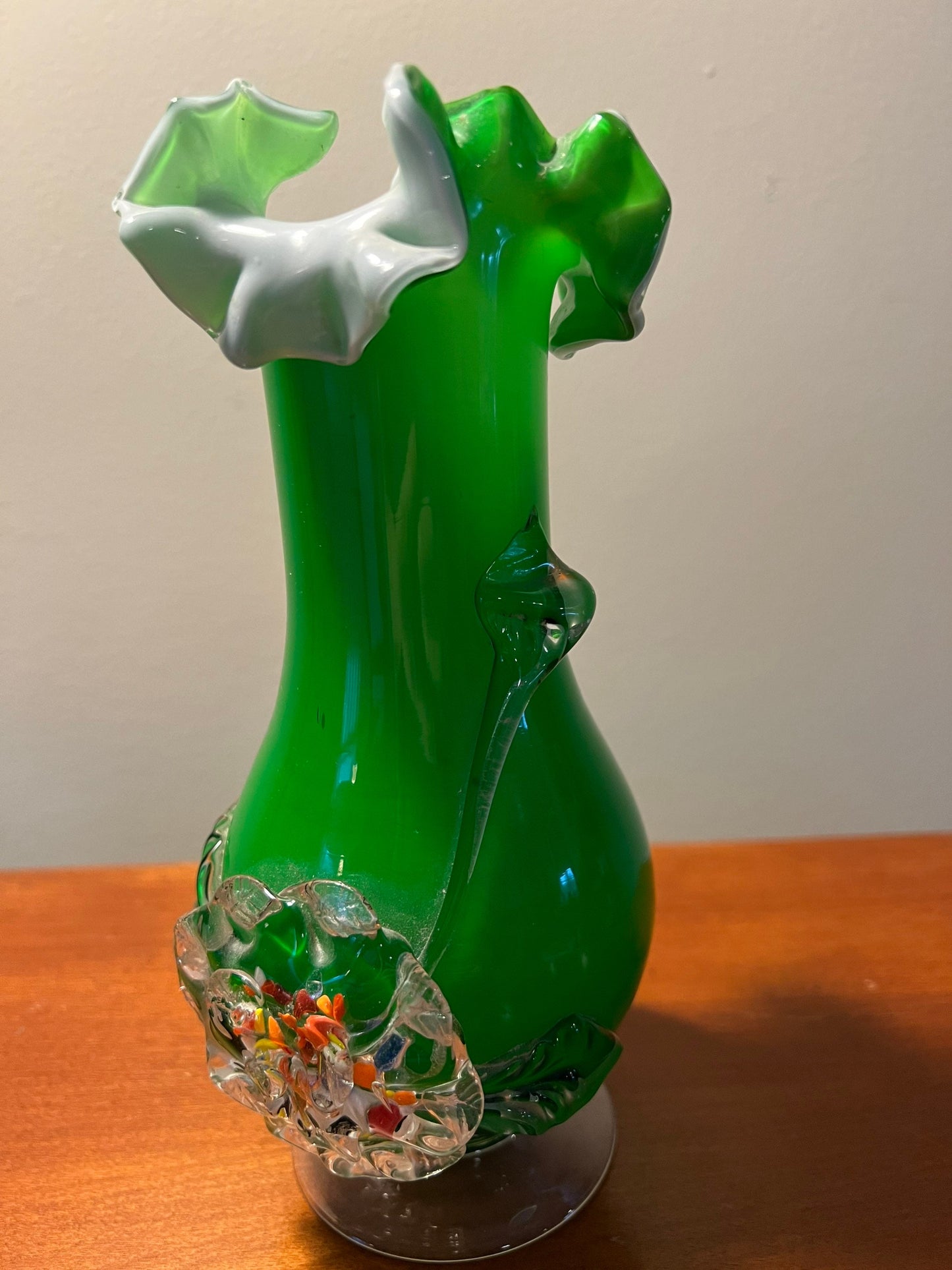 Vintage Green Flowers Blossom Murano Style Art Glass Vase Flower Bloom