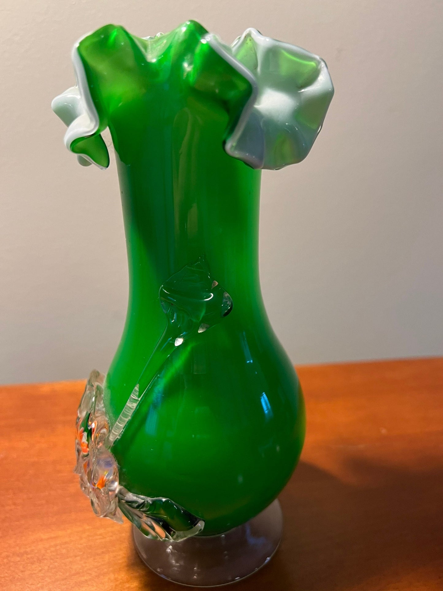 Vintage Green Flowers Blossom Murano Style Art Glass Vase Flower Bloom
