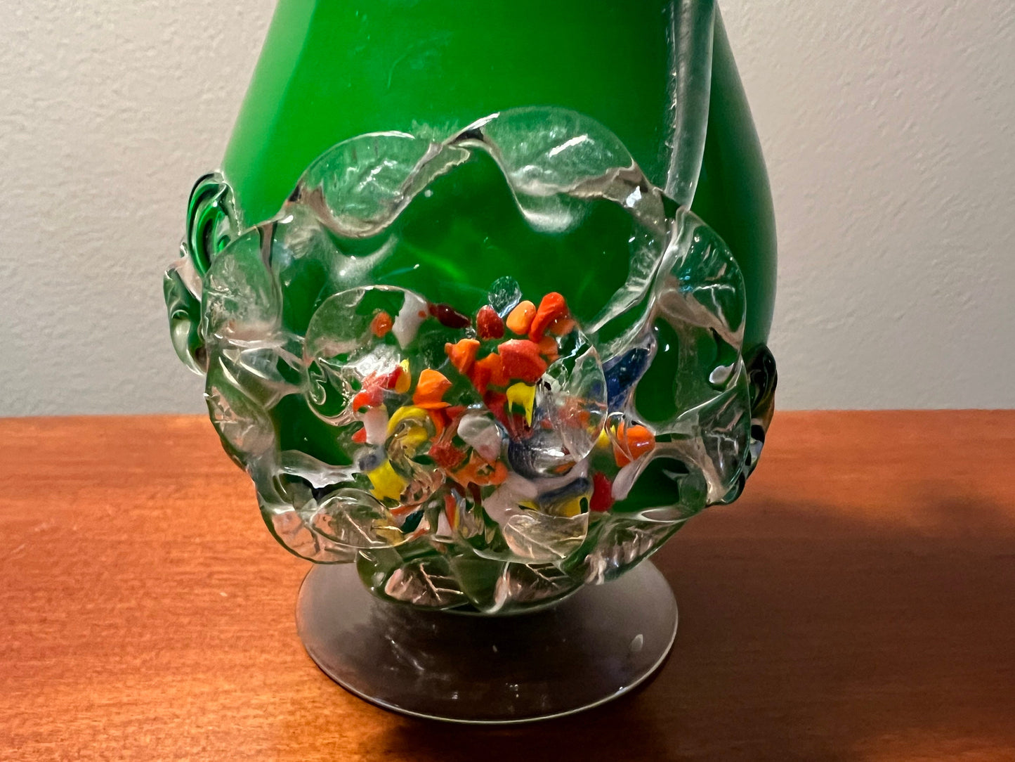 Vintage Green Flowers Blossom Murano Style Art Glass Vase Flower Bloom