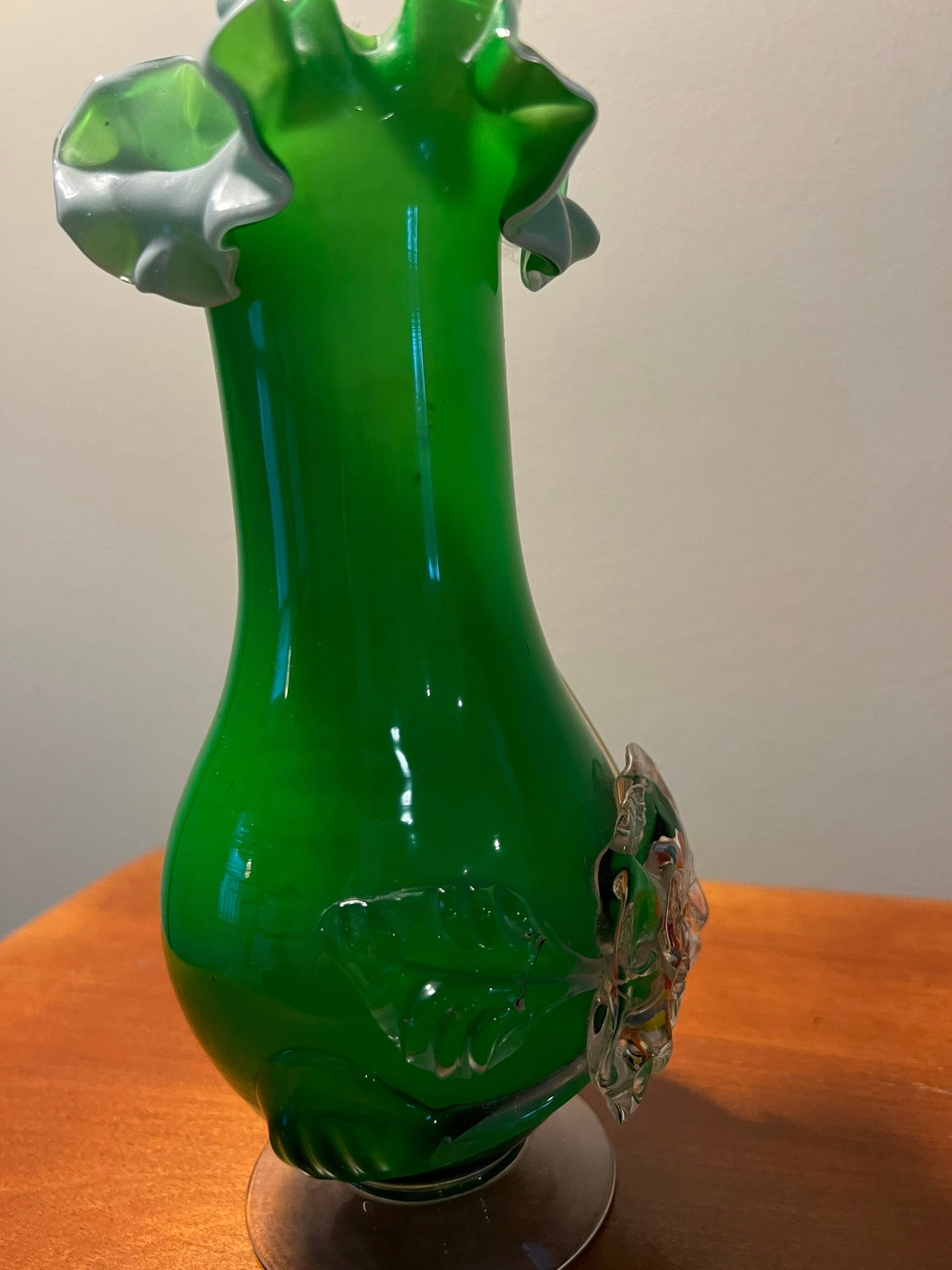 Vintage Green Flowers Blossom Murano Style Art Glass Vase Flower Bloom