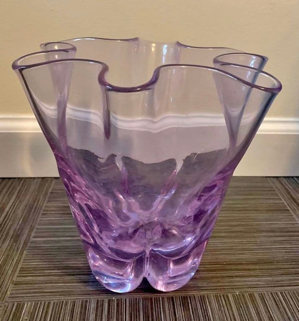 Vintage Czechoslovakian Zelezny Brod Sklo Alexandrite Neodymium Purple Glass Vase with Ruffled Edge Glass