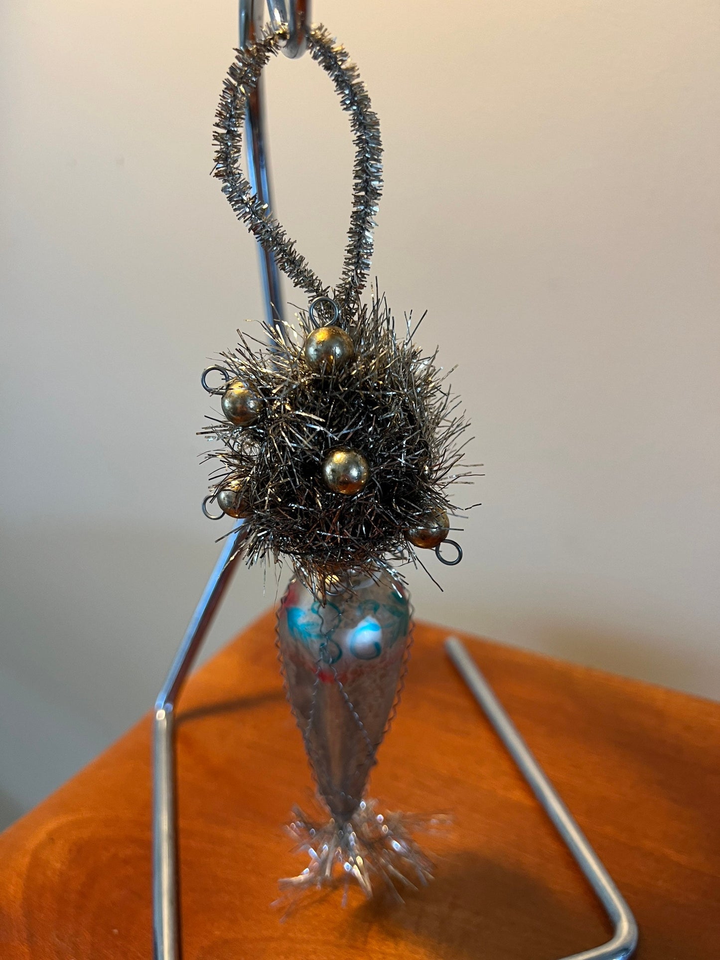 Antique Victorian Wire and Tinsel Wrapped Hand Painted Mercury Glass Ornament Old Ornaments