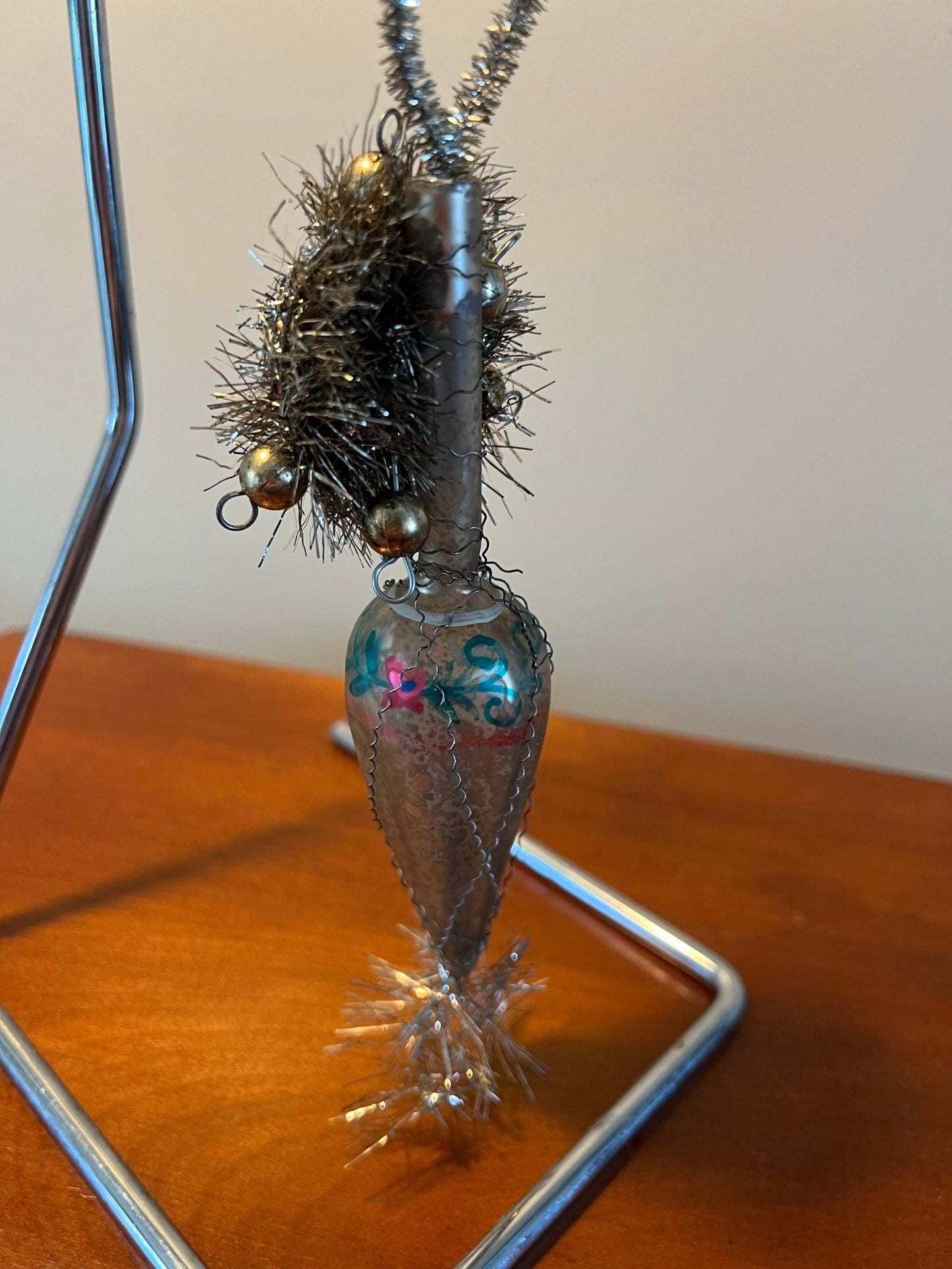 Antique Victorian Wire and Tinsel Wrapped Hand Painted Mercury Glass Ornament Old Ornaments