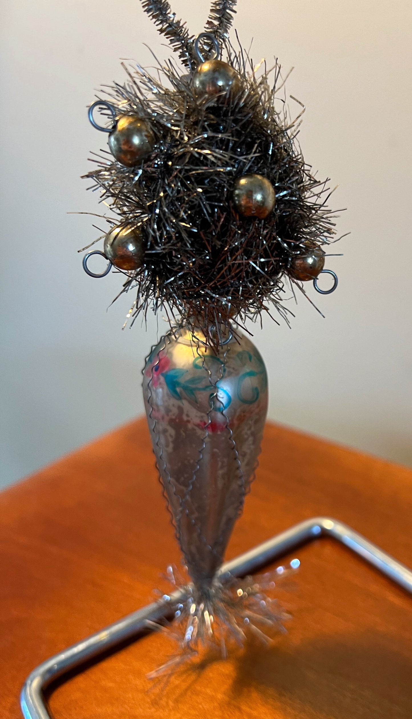 Antique Victorian Wire and Tinsel Wrapped Hand Painted Mercury Glass Ornament Old Ornaments