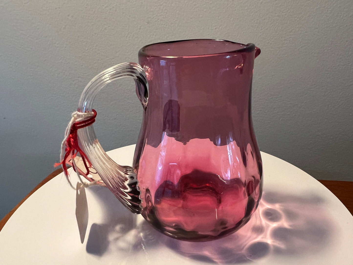 Vintage Pilgrim Cranberry Pitcher with Clear handle Hand Blown with Gold Pink Art Glass Great Gift Collectors Piece