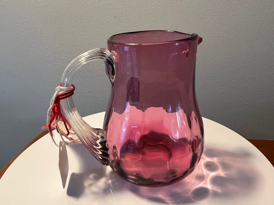 Vintage Pilgrim Cranberry Pitcher with Clear handle Hand Blown with Gold Pink Art Glass Great Gift Collectors Piece