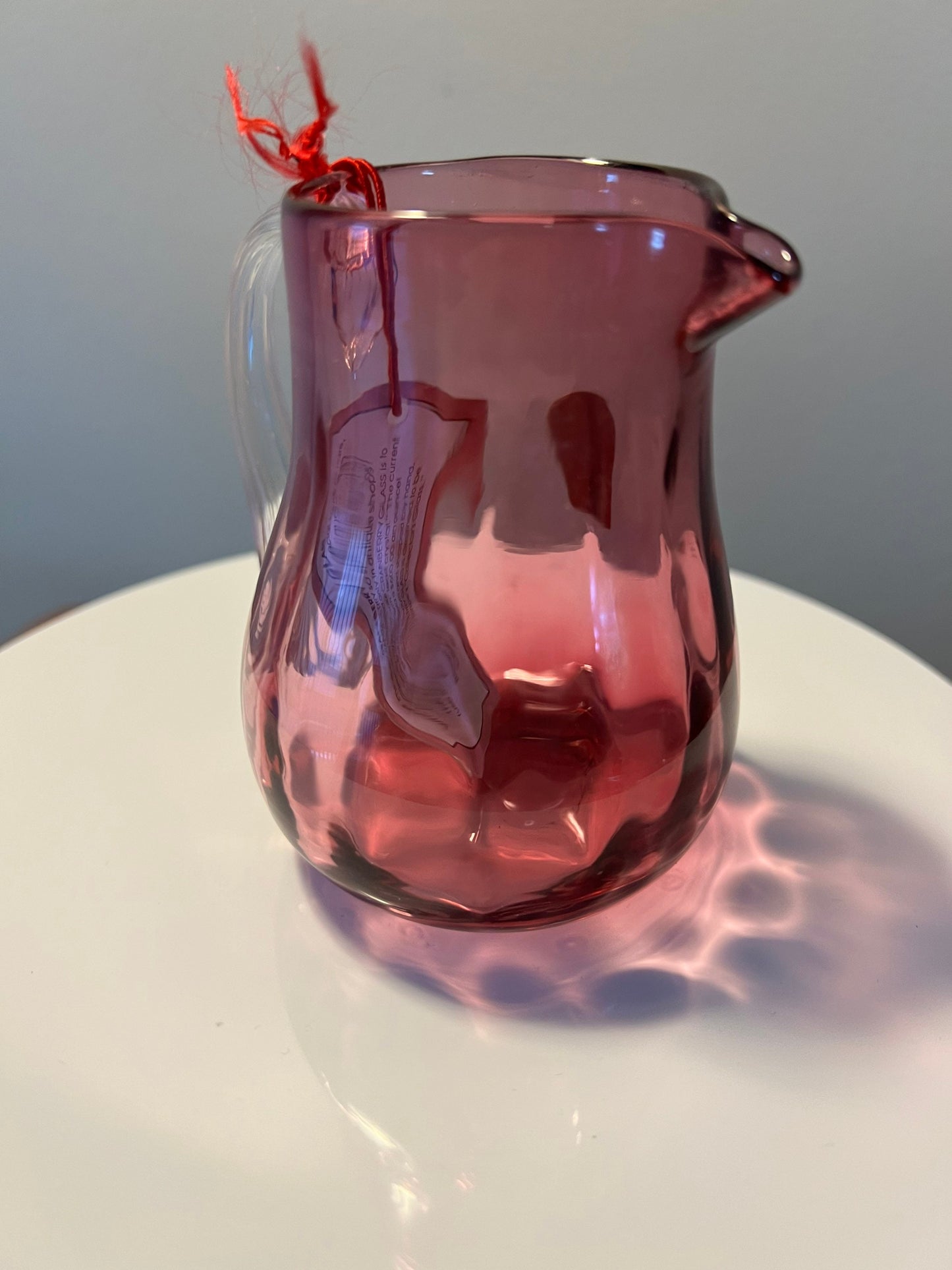 Vintage Pilgrim Cranberry Pitcher with Clear handle Hand Blown with Gold Pink Art Glass Great Gift Collectors Piece